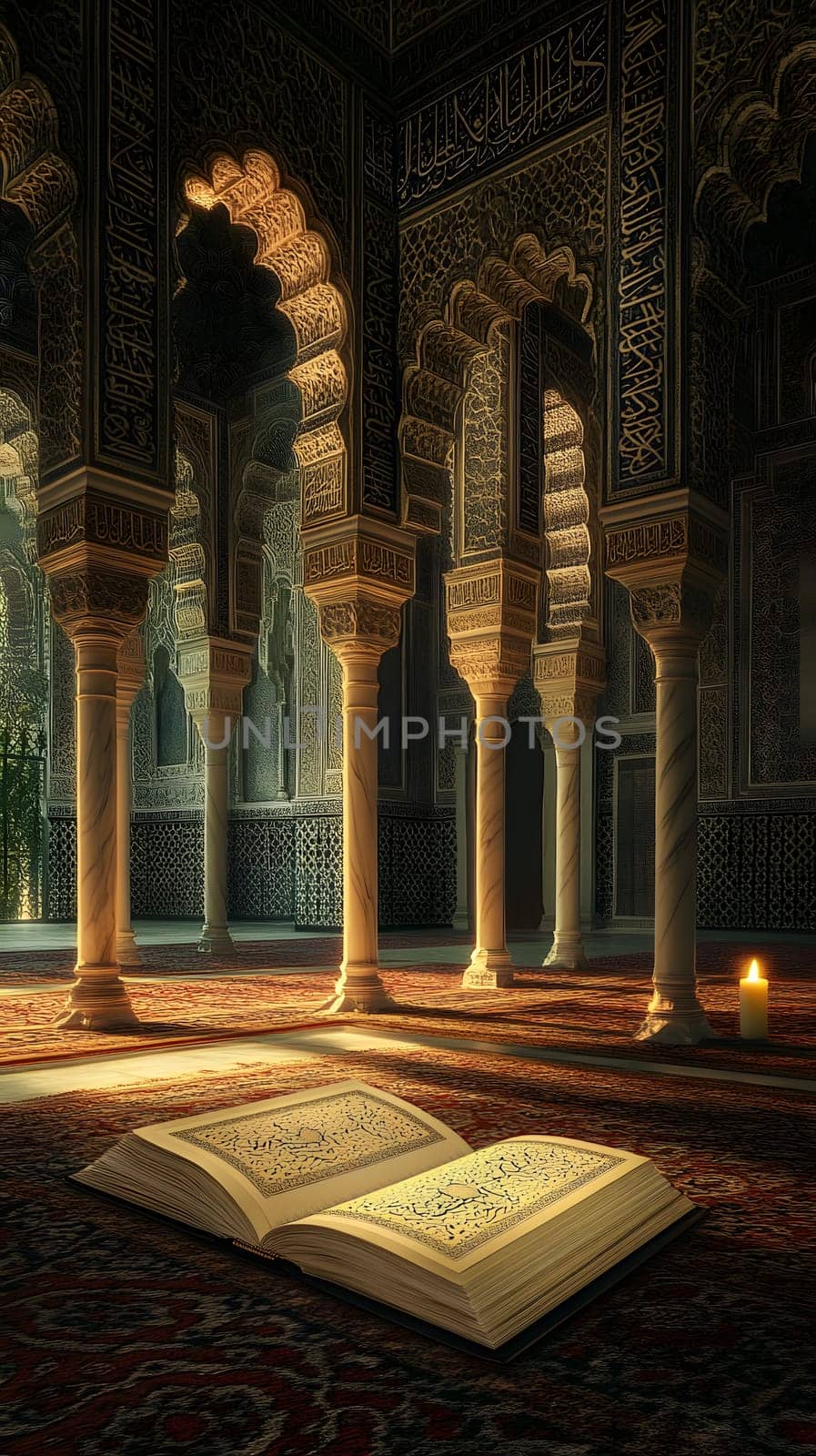 A serene interior with ornate arches and an open book.
