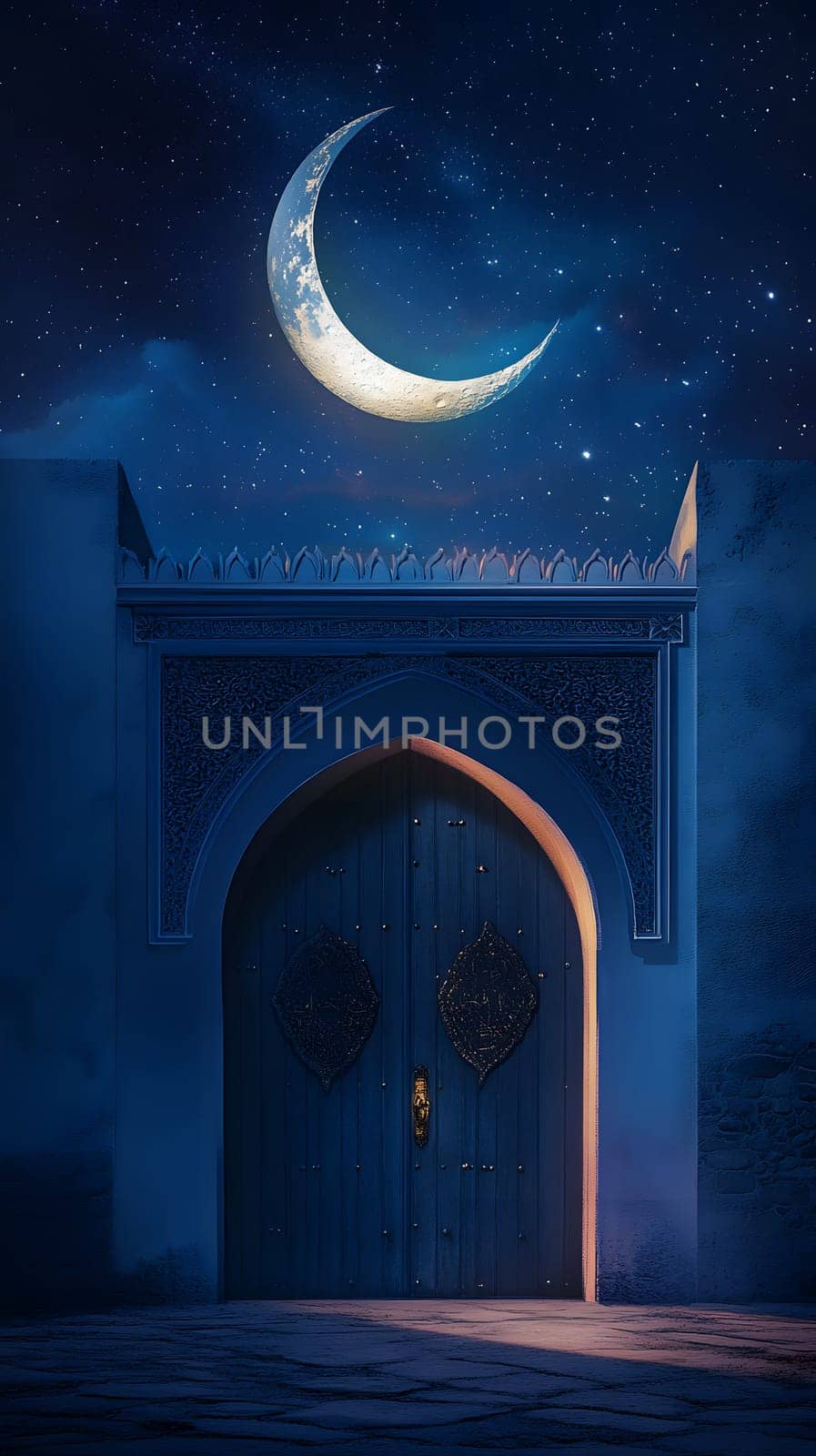 A serene night scene featuring a crescent moon above a decorative door.