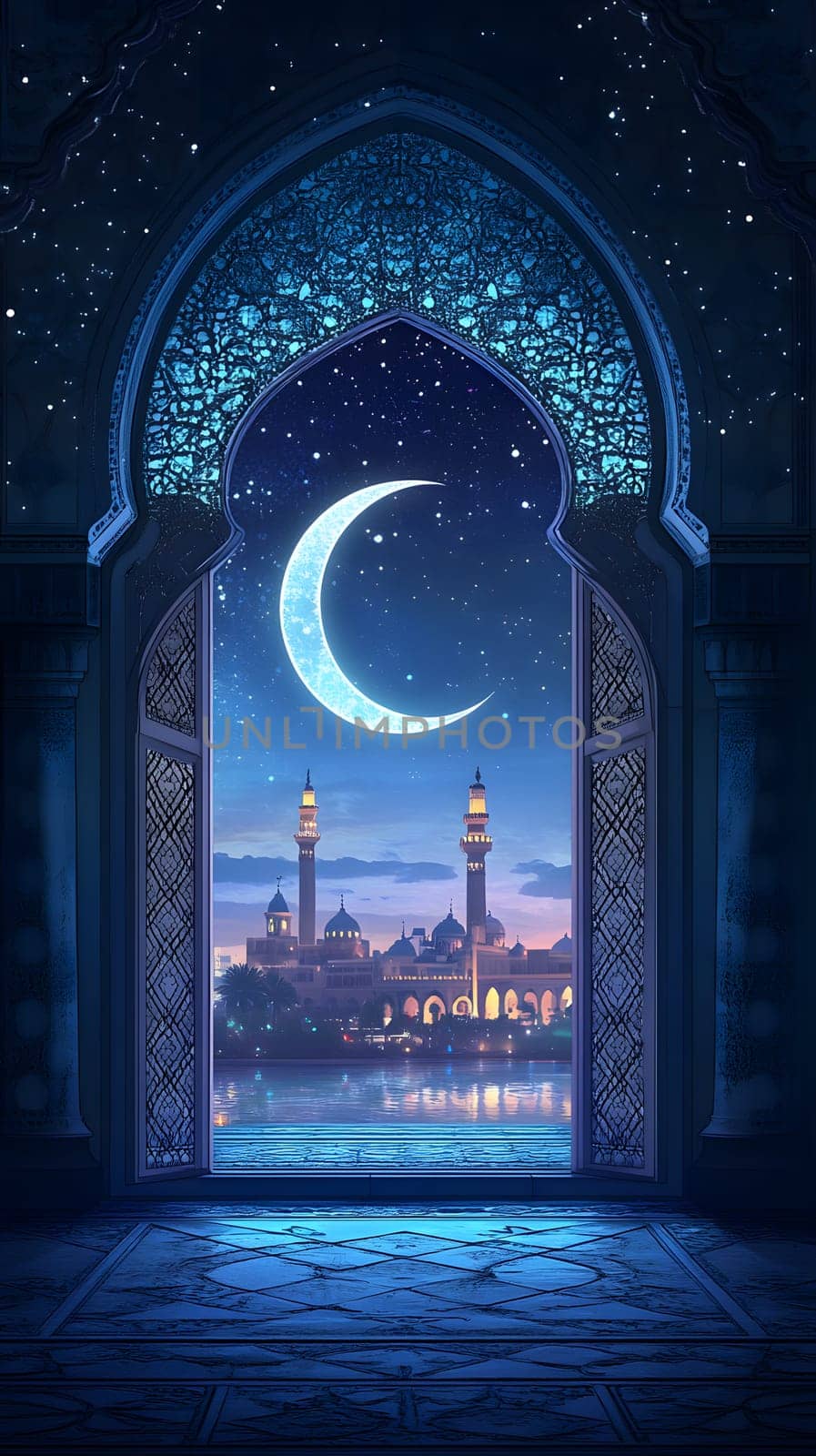 A serene night view through an ornate archway featuring a crescent moon.