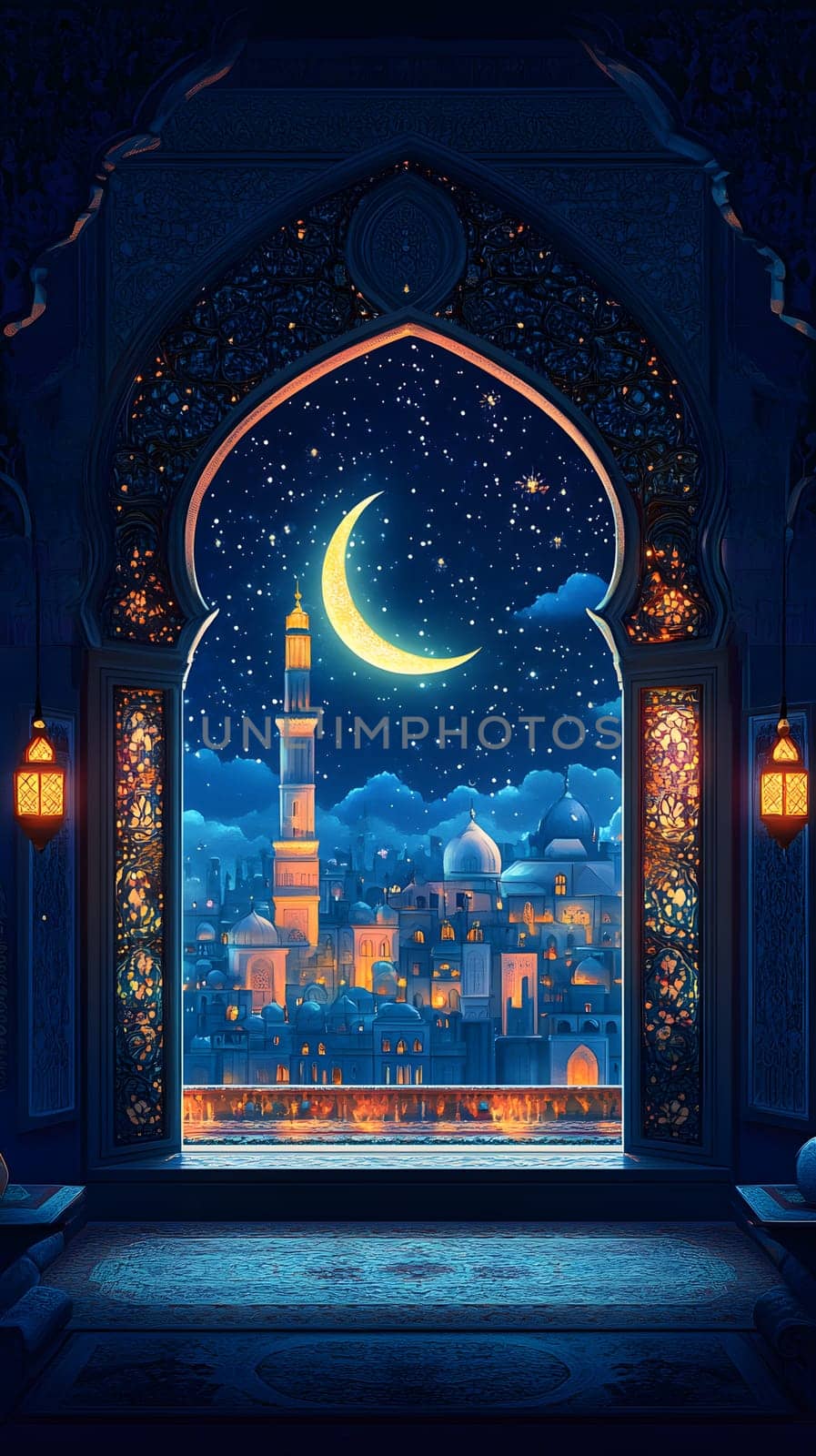A serene night view through an ornate archway, featuring a crescent moon.