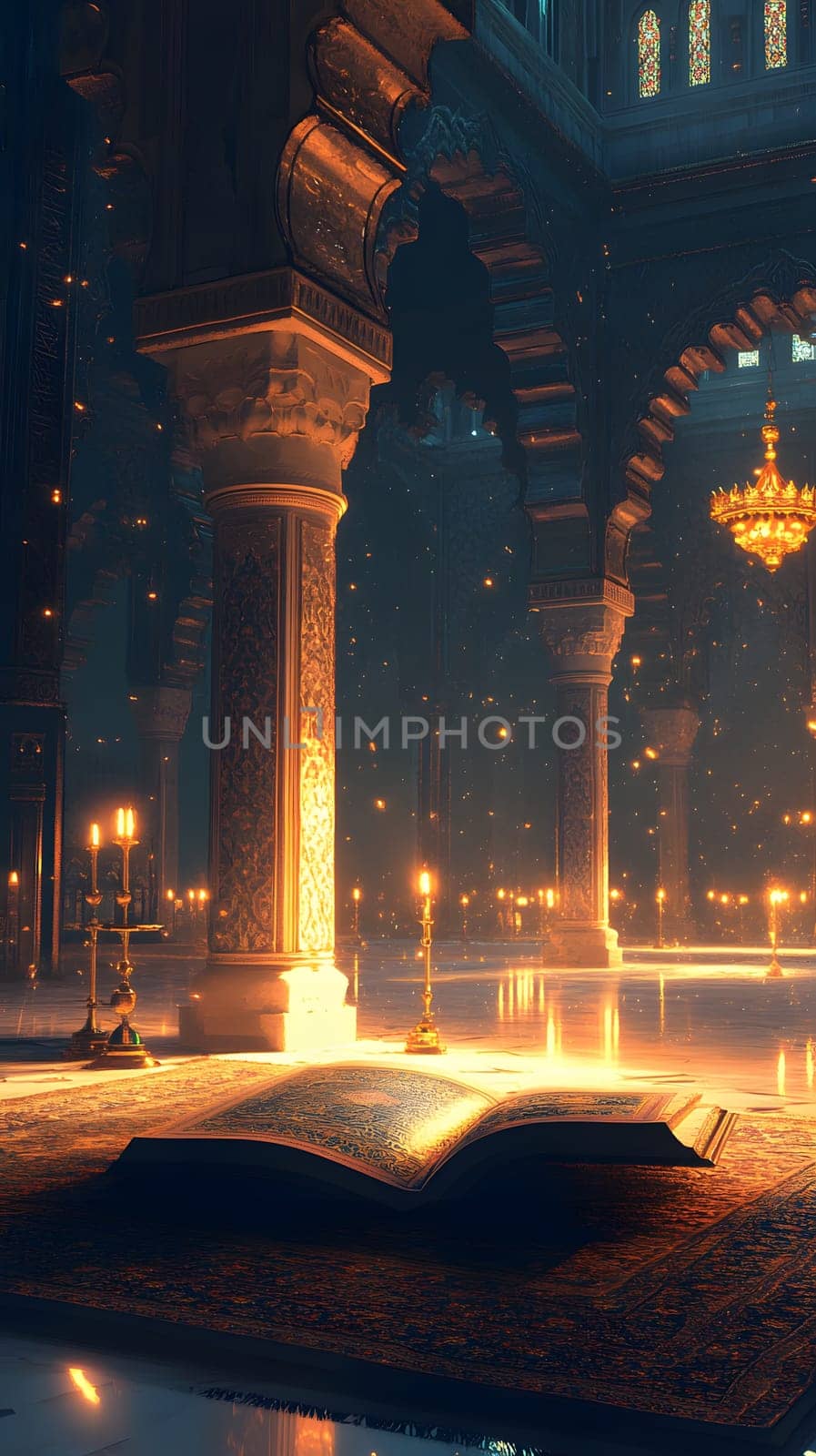 A serene, illuminated space with an open book and candles.