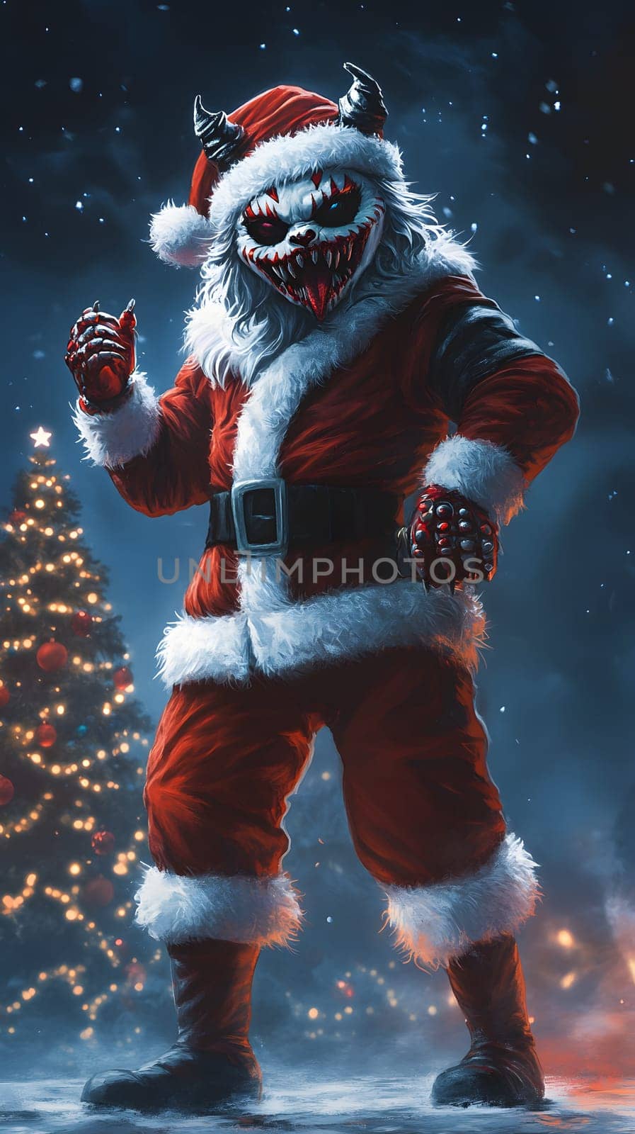 A sinister Santa figure with a menacing grin, set against a festive backdrop.