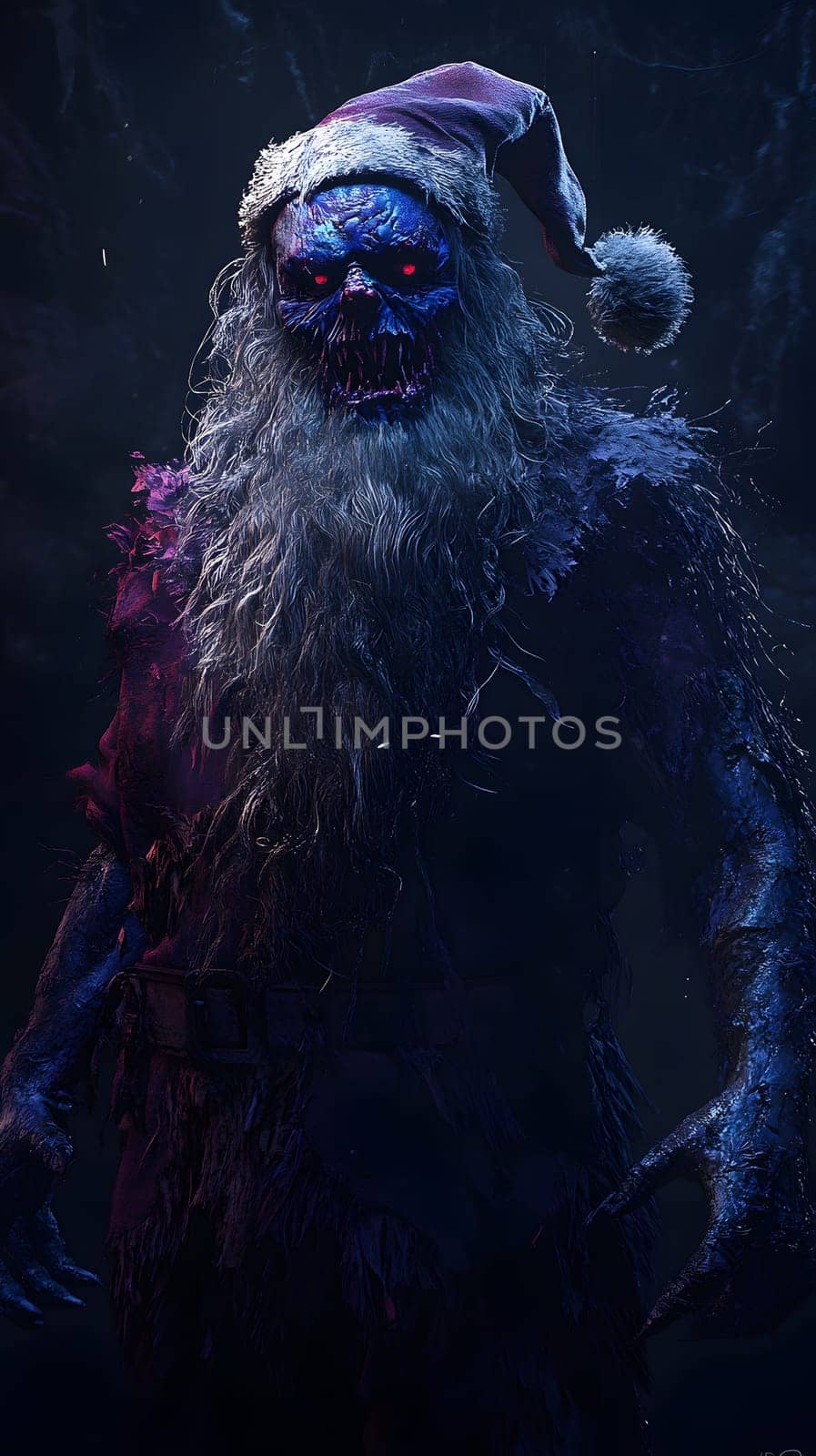 A sinister, mythical figure with a Santa hat and eerie glow.