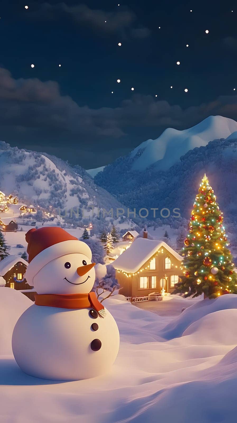 A snowy winter scene with a snowman, Christmas tree, and mountains.