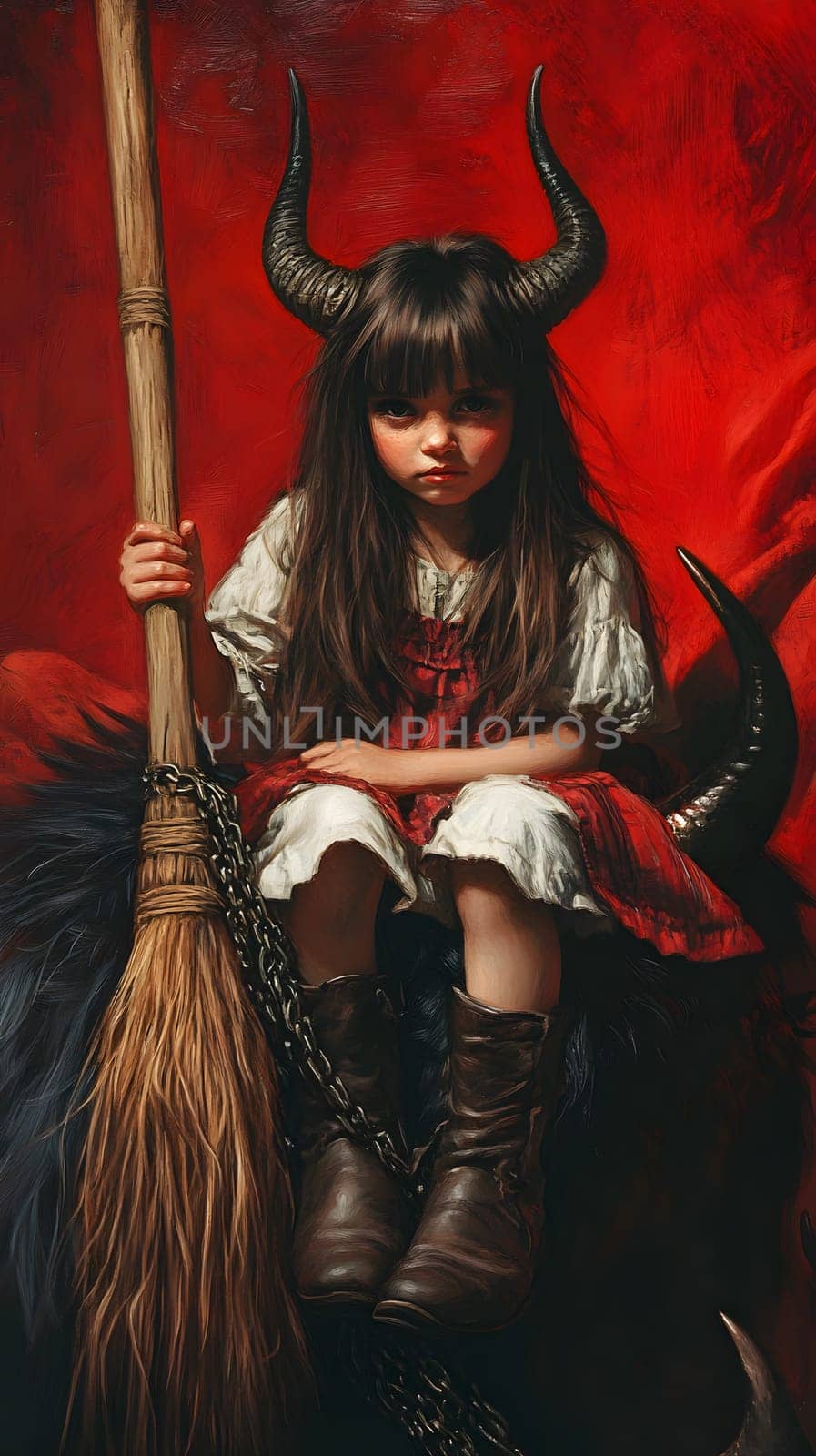 A young girl with horns holds a broom against a red backdrop.