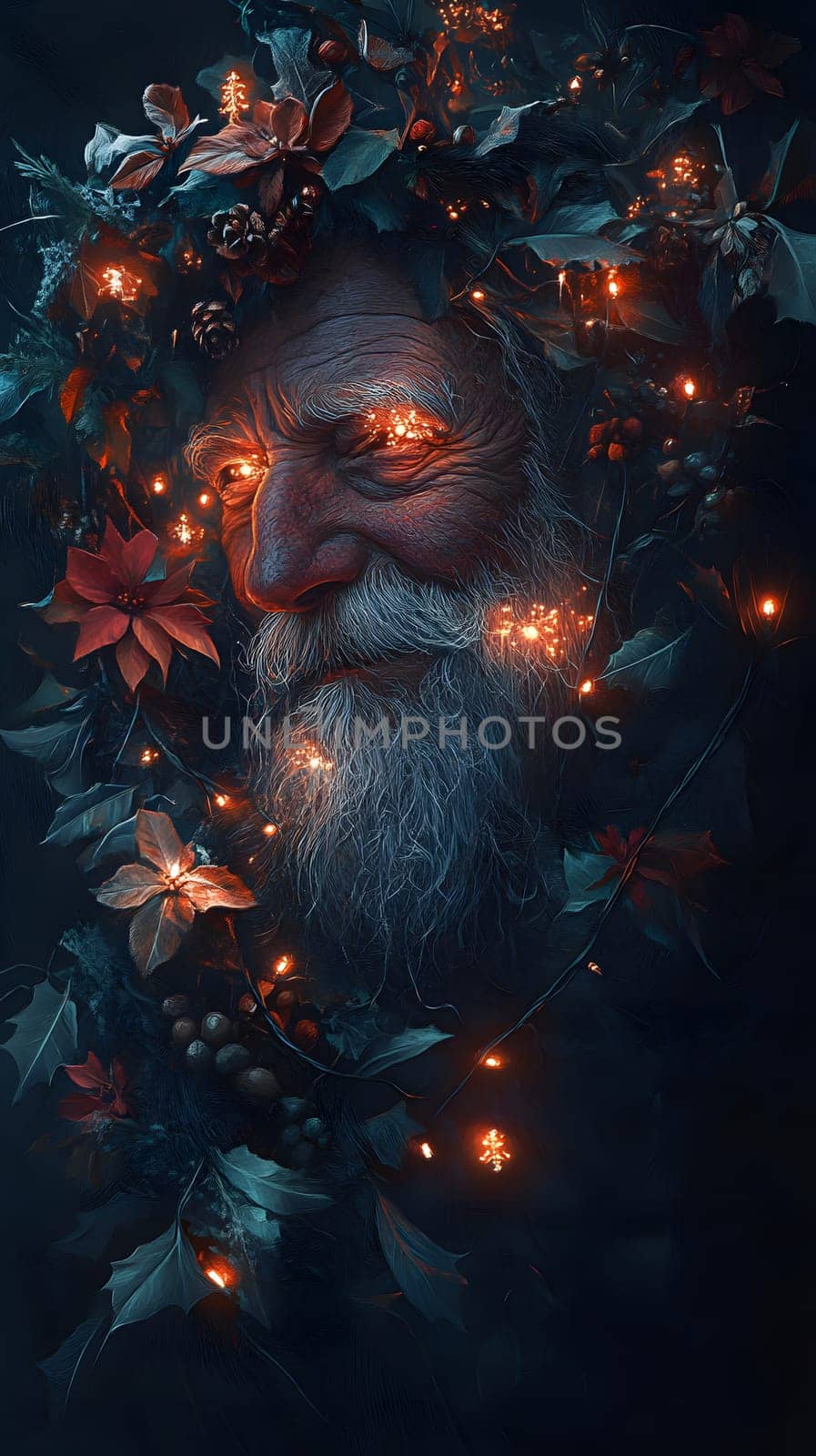 An elderly figure adorned with foliage and glowing lights.