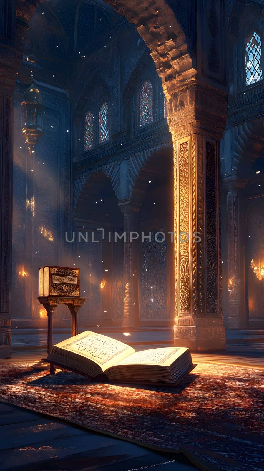 An illuminated open book in a grand, mystical library setting.