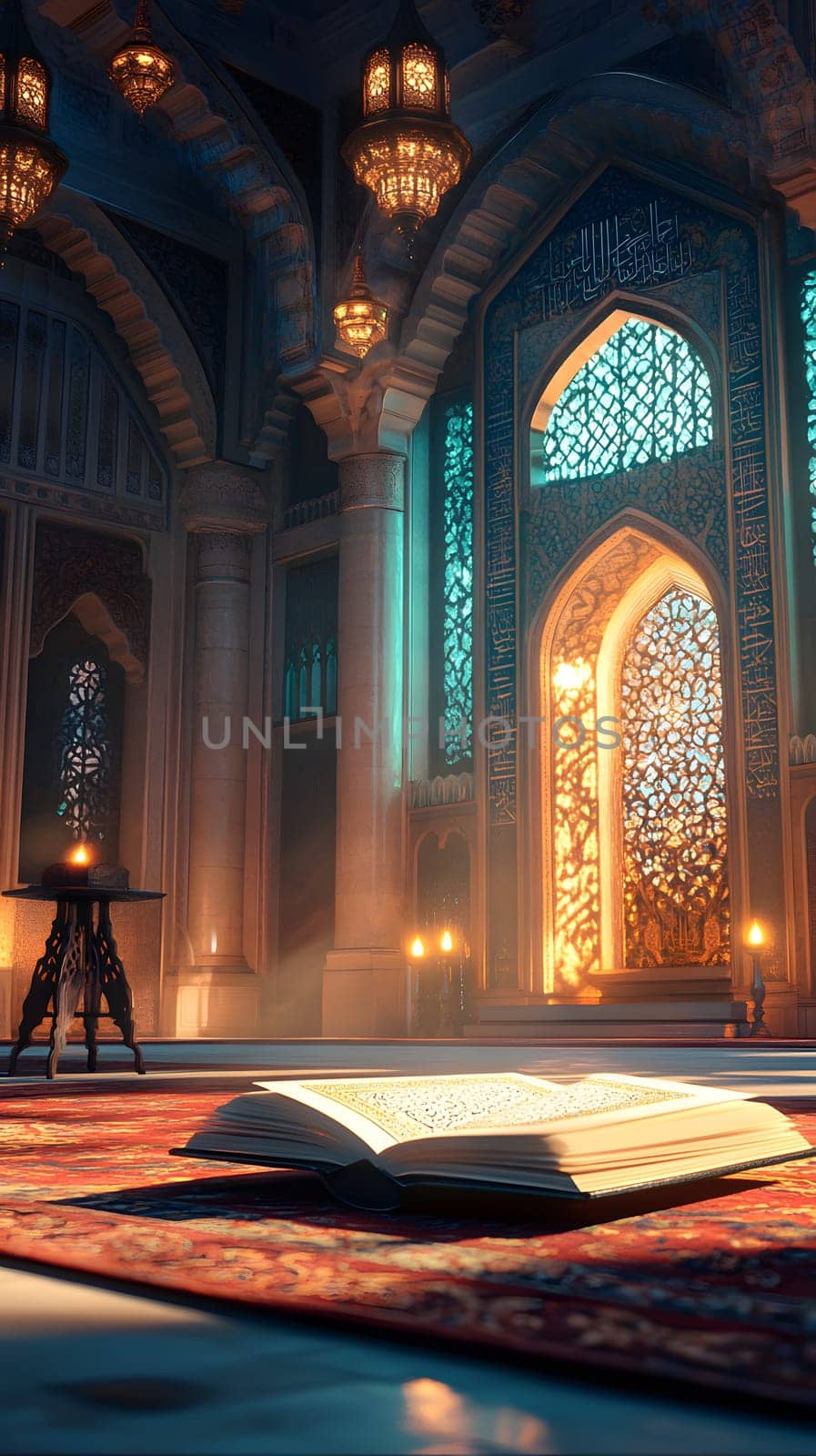 An open book in a beautifully lit, ornate room with intricate designs.