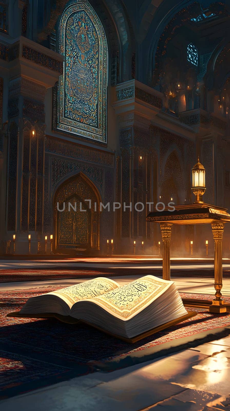 An open book in a serene, ornate space with soft lighting.
