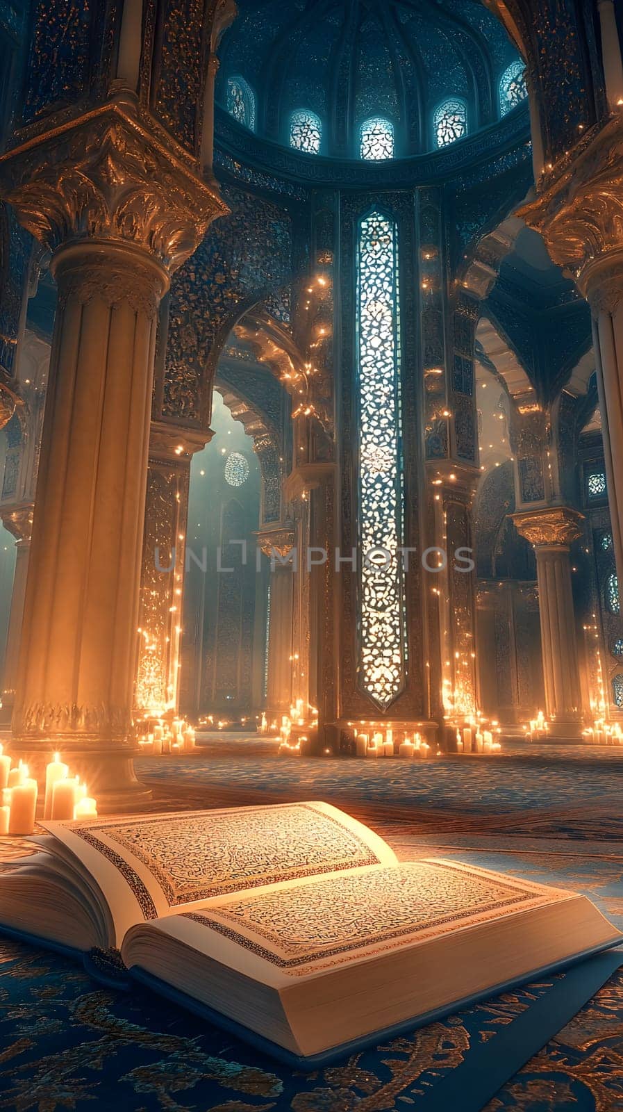 An ornate library with an open book and glowing candles.
