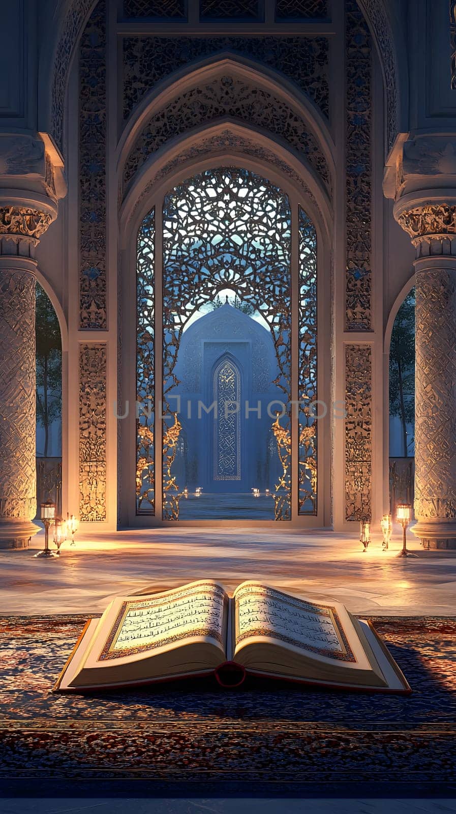 An ornate space with an open book, illuminated by soft lights.