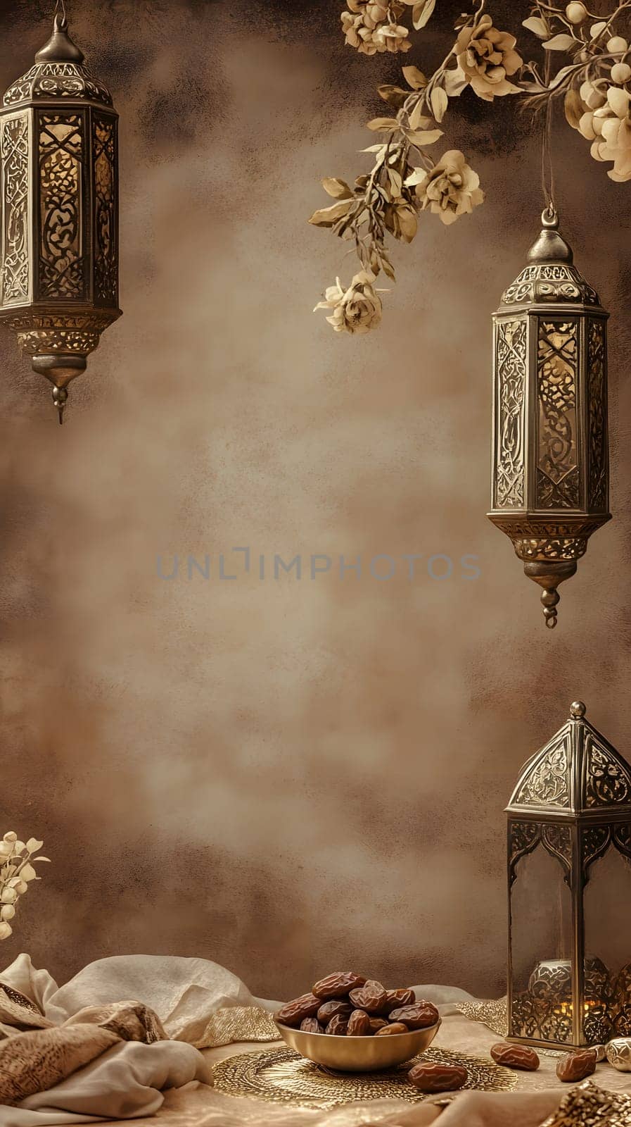 Elegant lanterns and flowers on a textured background for decoration.
