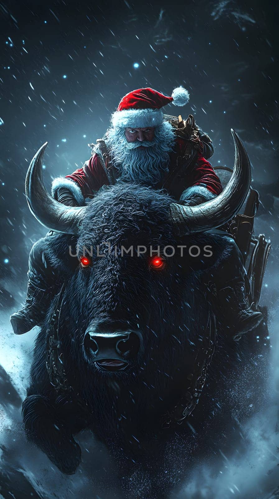 Santa Claus rides a dark bull in a snowy, mystical landscape.