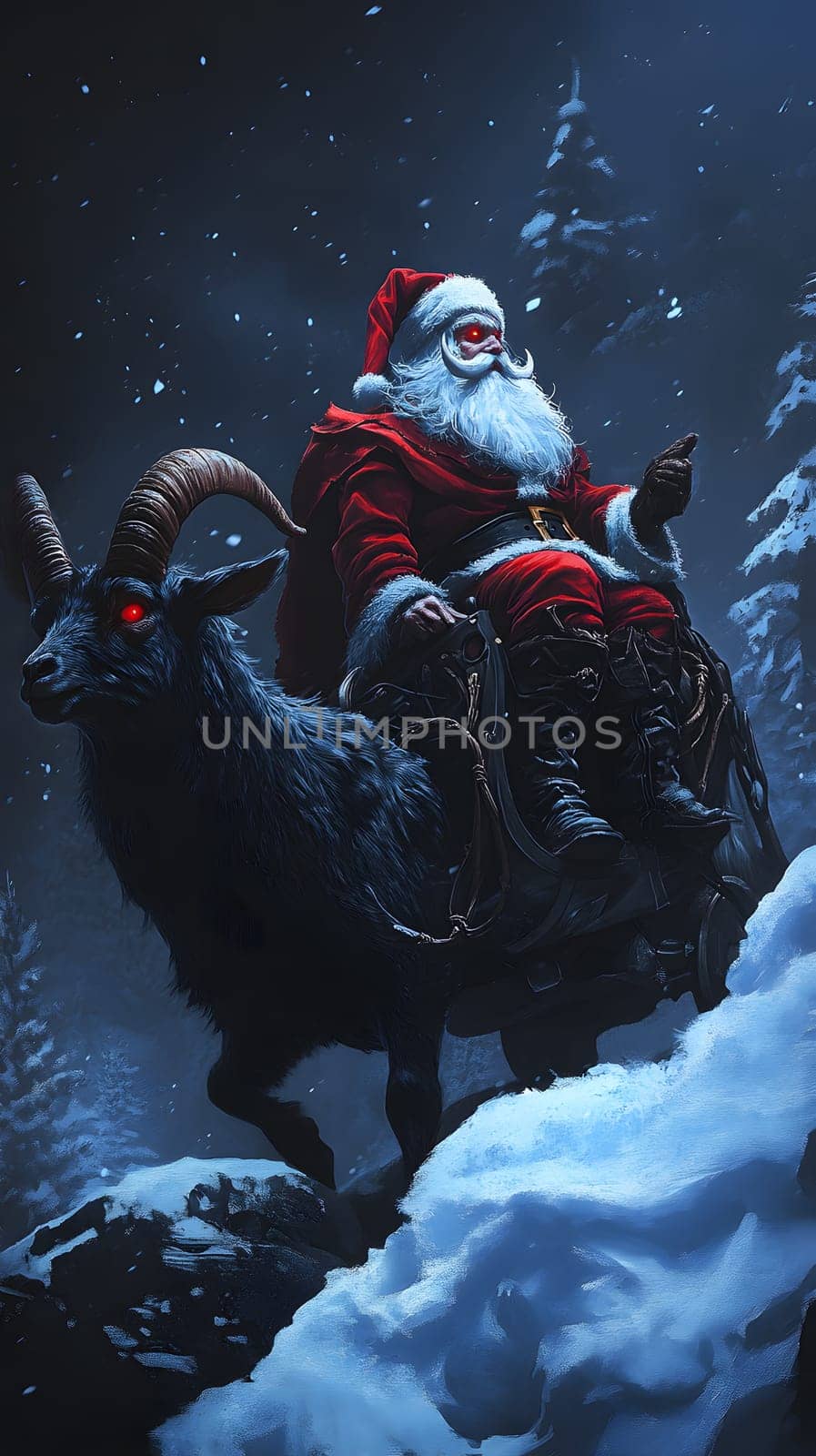 Santa Claus rides a dark goat through a snowy forest at night.