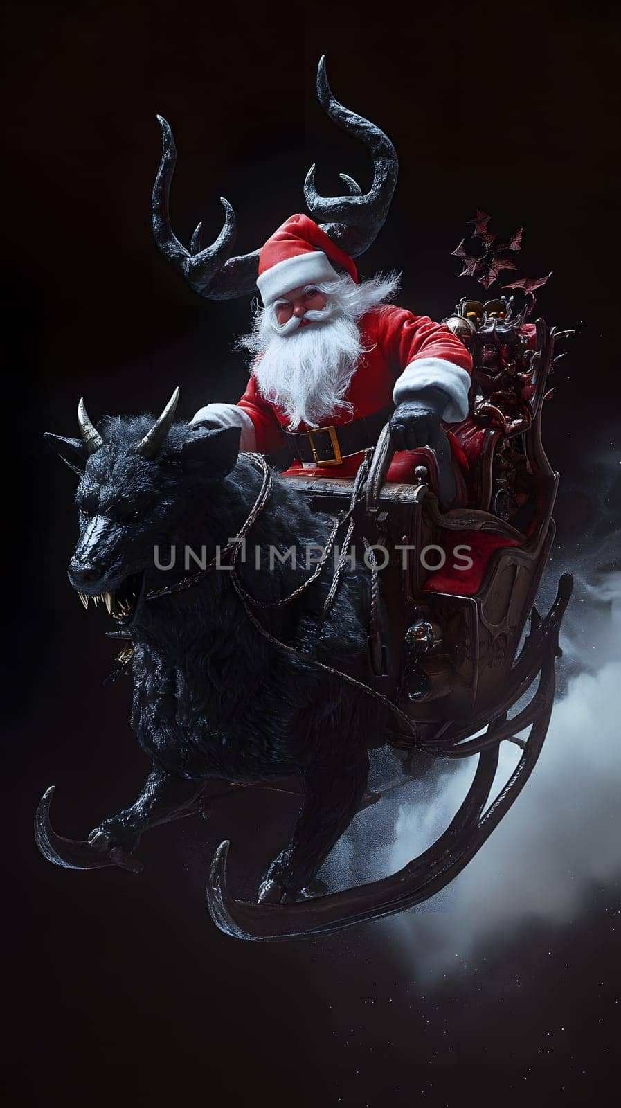 Santa Claus rides a dark reindeer sleigh through misty skies.