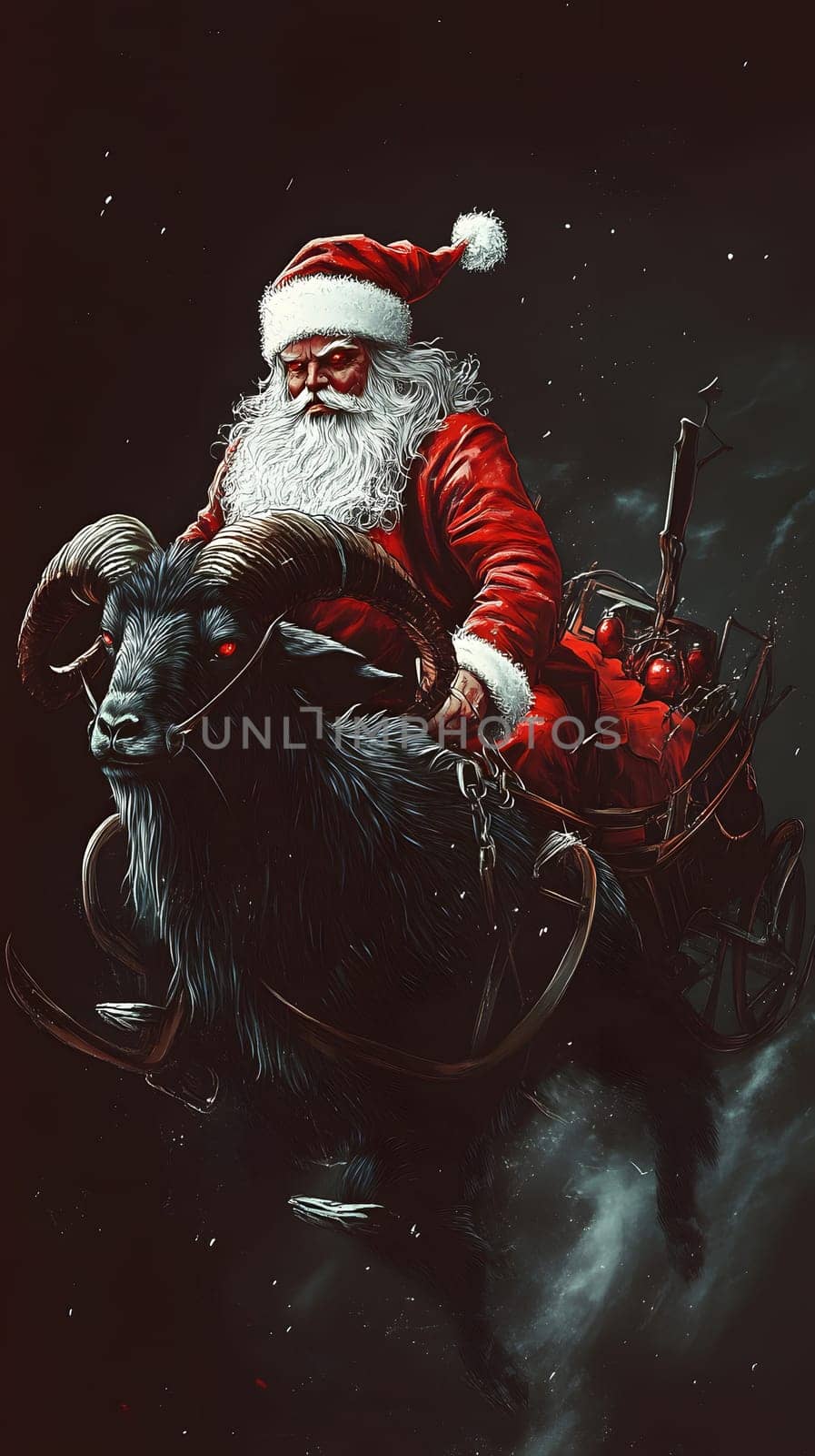 Santa Claus riding a dark ram, blending holiday spirit with fantasy.