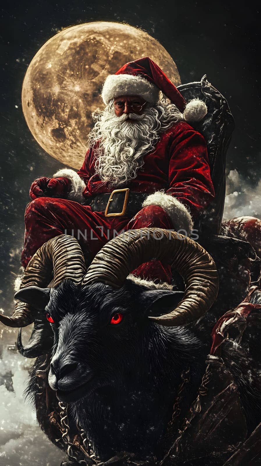 Santa Claus riding a black ram under a full moon.