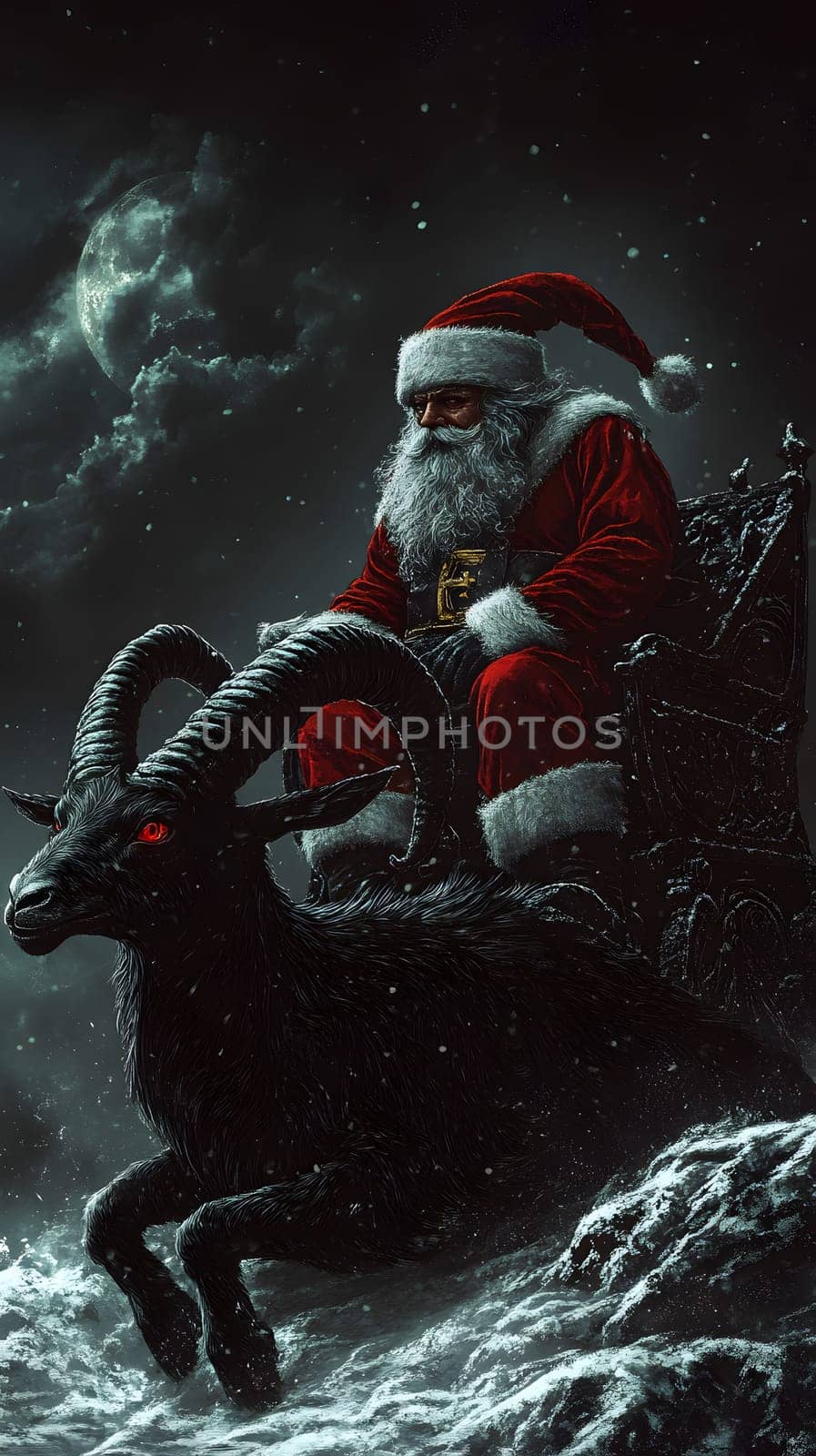 Santa Claus riding a dark, horned creature under a moonlit sky.