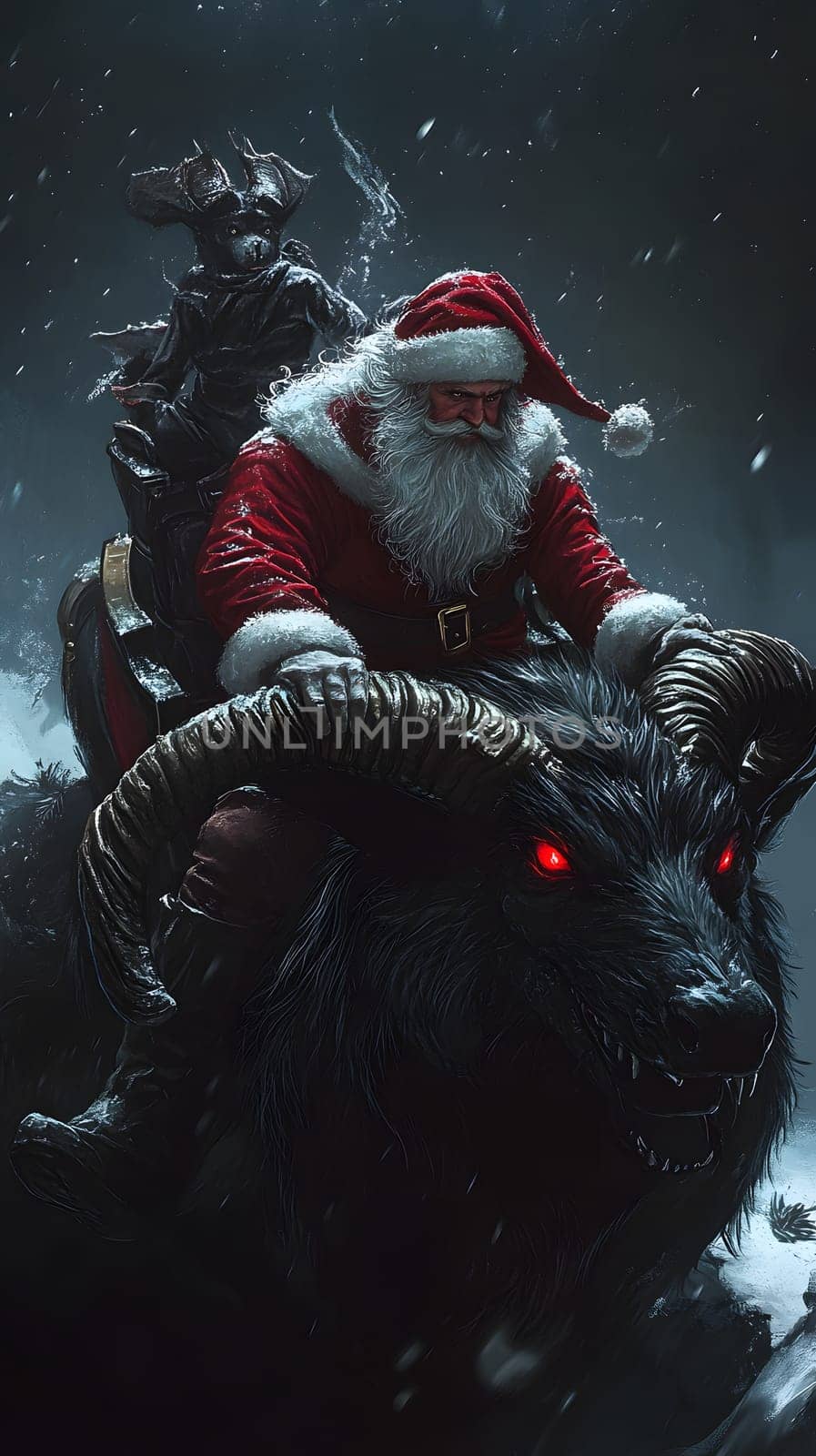 Santa rides a dark, horned creature in a snowy, mystical setting.
