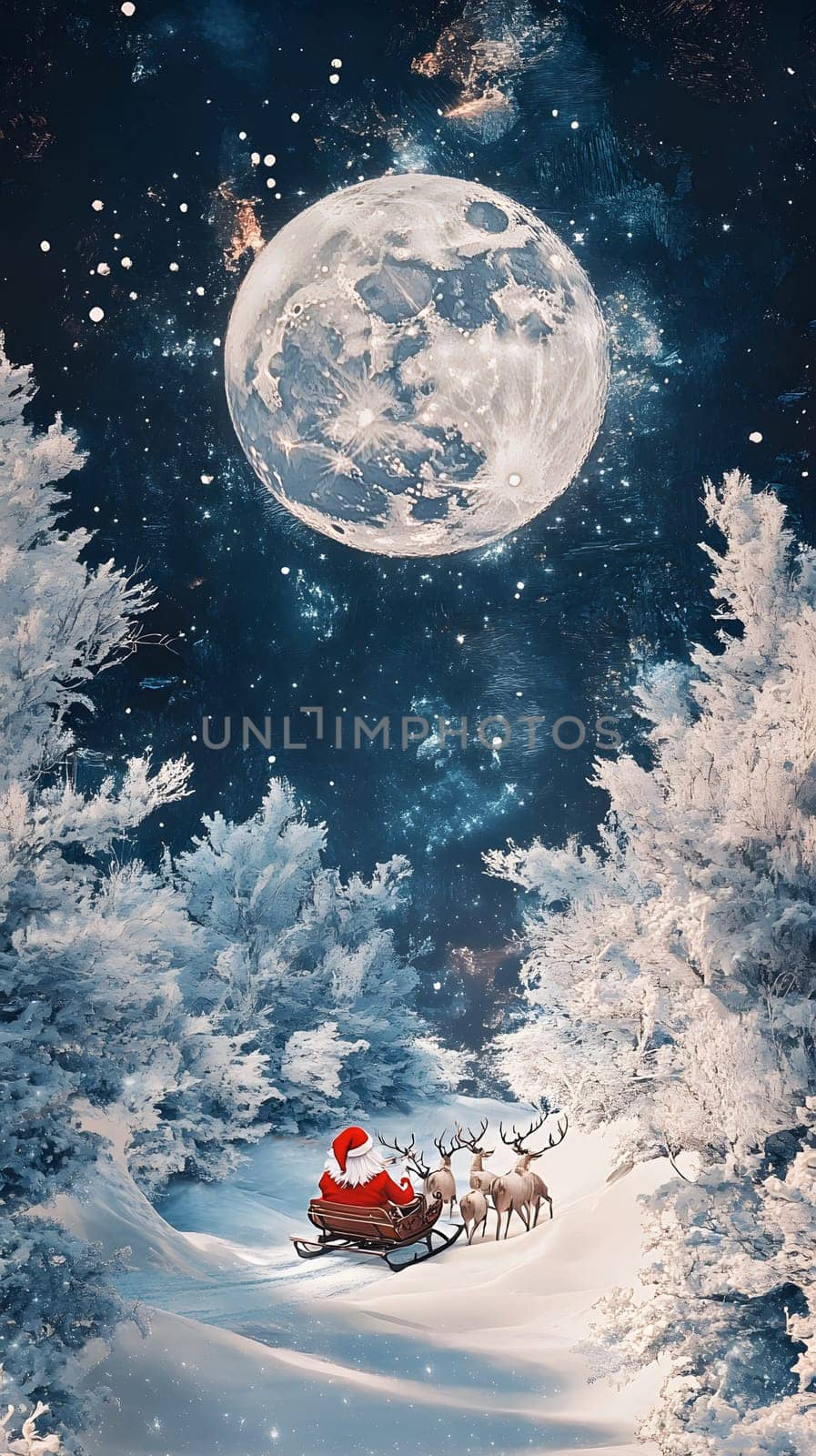 Santa in a snowy landscape under a full moon.