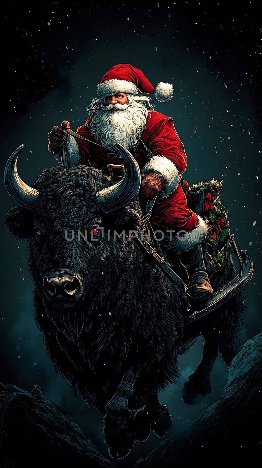 Santa riding a black bull in a snowy, festive scene.