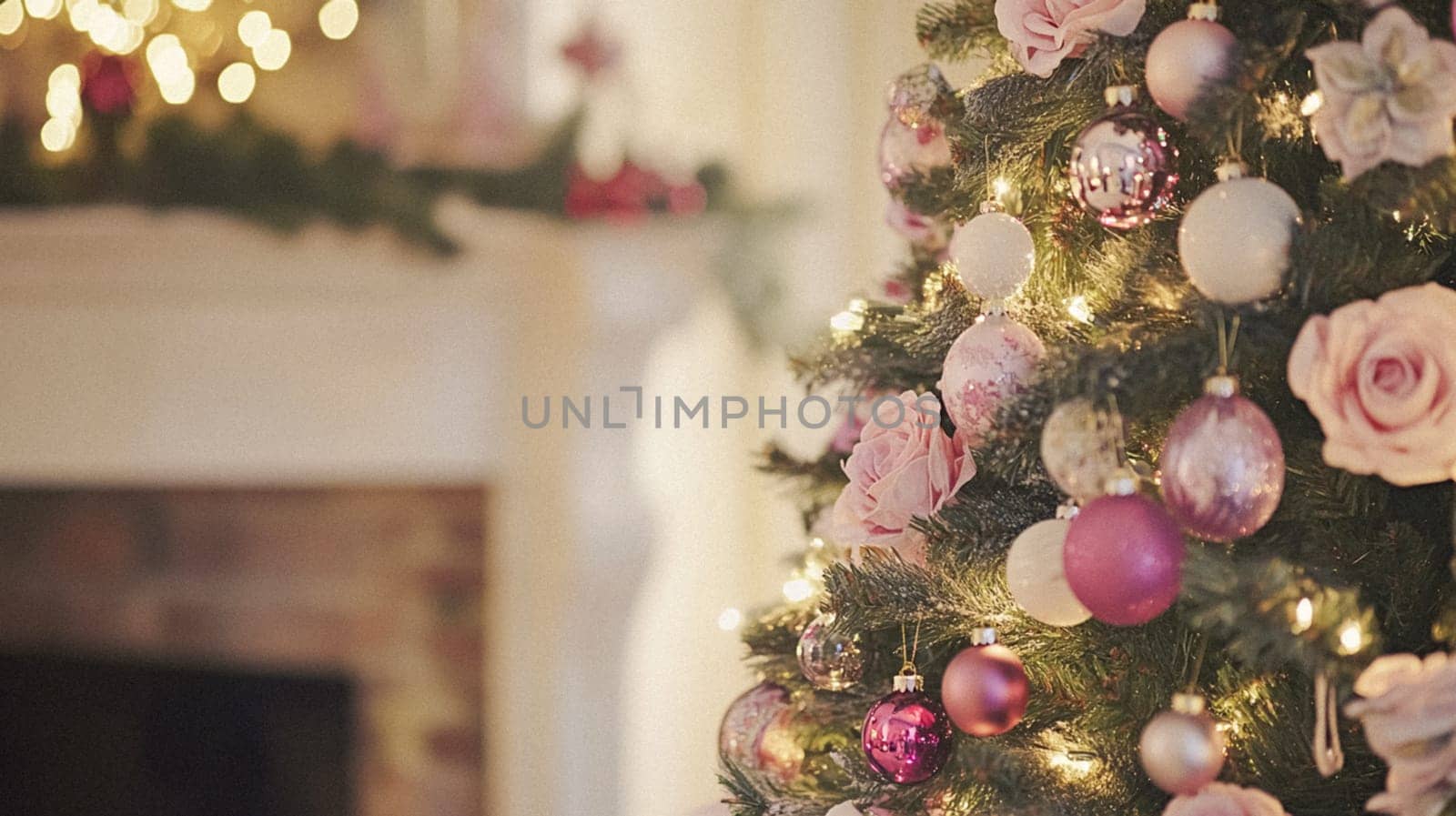 Christmas, holiday decor and country cottage style, cosy atmosphere, decorated Christmas tree in the English countryside house living room with fireplace, interior decoration idea