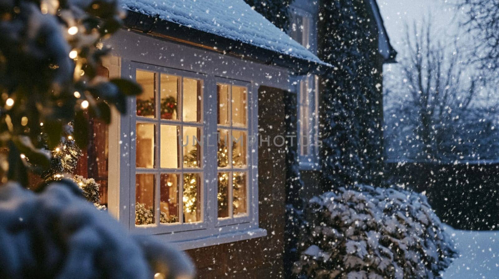 Christmas in the countryside, cottage decorated for holidays on a snowy winter evening with snow and holiday lights, English country styling inspiration