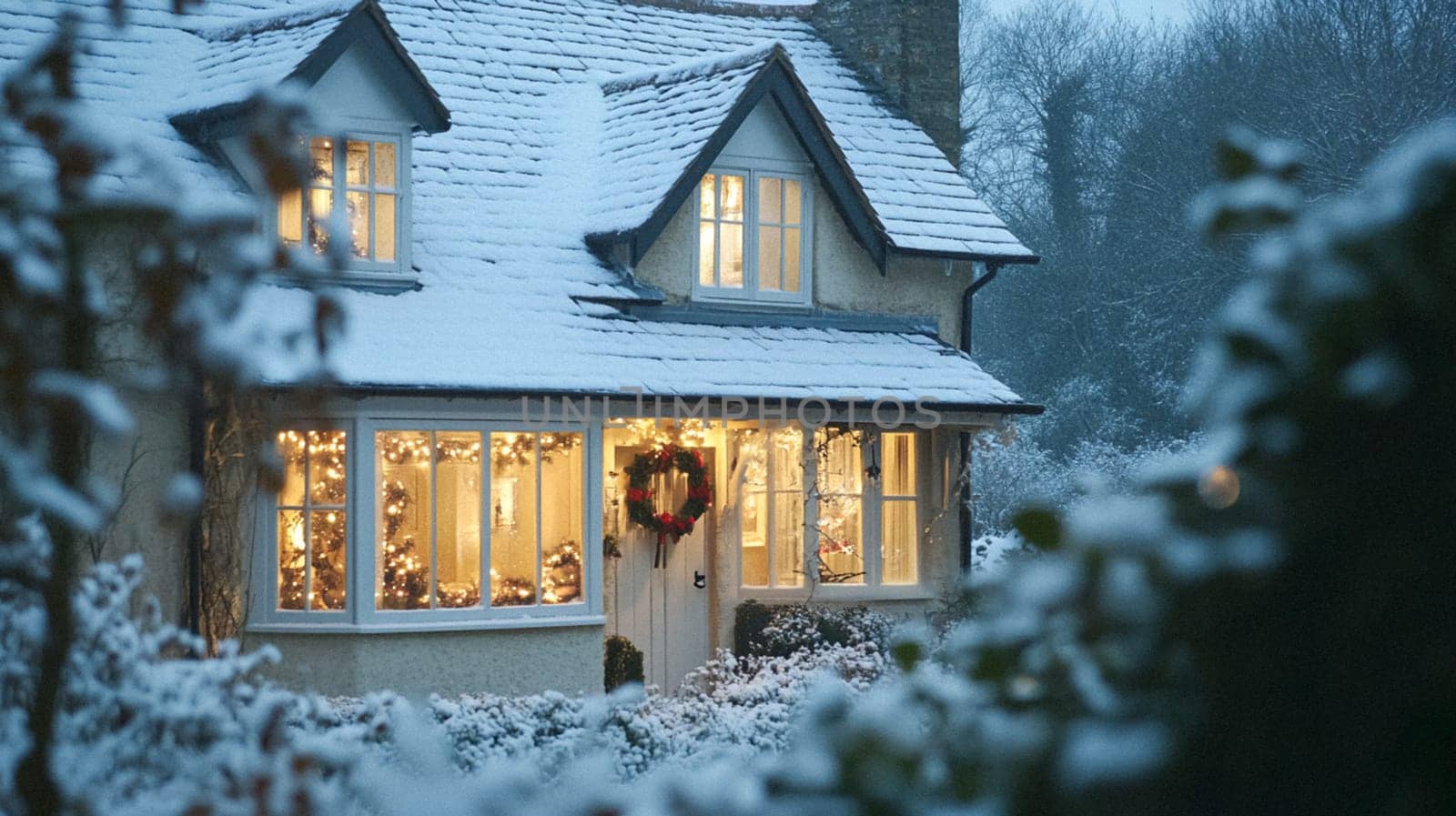 Christmas in the countryside, cottage decorated for holidays on a snowy winter evening with snow and holiday lights, English country styling inspiration