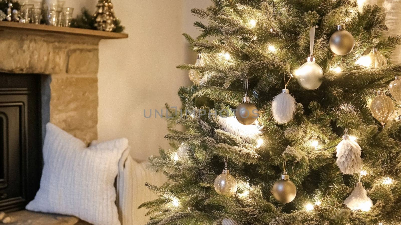 Christmas, holiday decor and country cottage style, cosy atmosphere, decorated Christmas tree in the English countryside house living room with fireplace, interior decoration idea