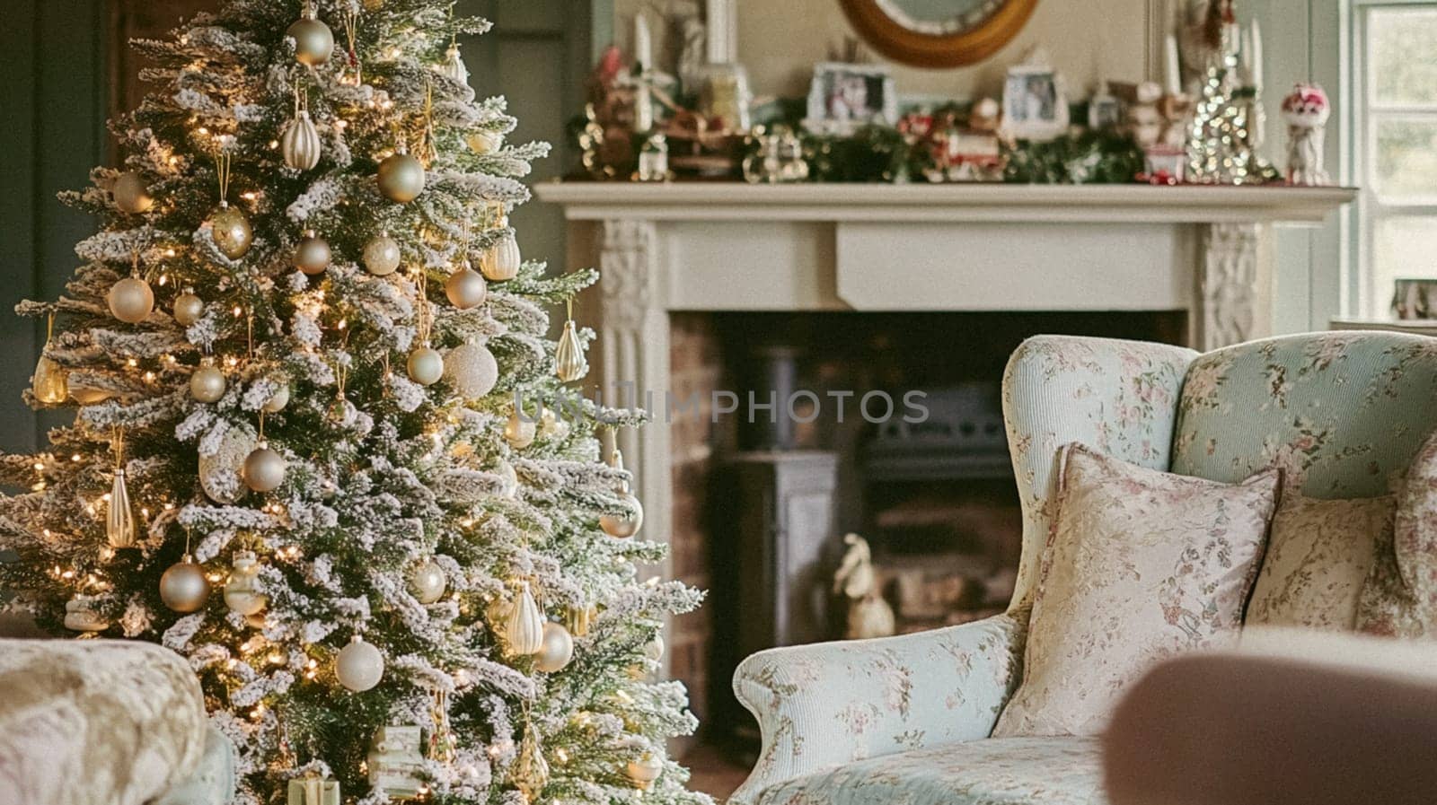 Christmas, holiday decor and country cottage style, cosy atmosphere, decorated Christmas tree in the English countryside house living room with fireplace, interior decoration idea