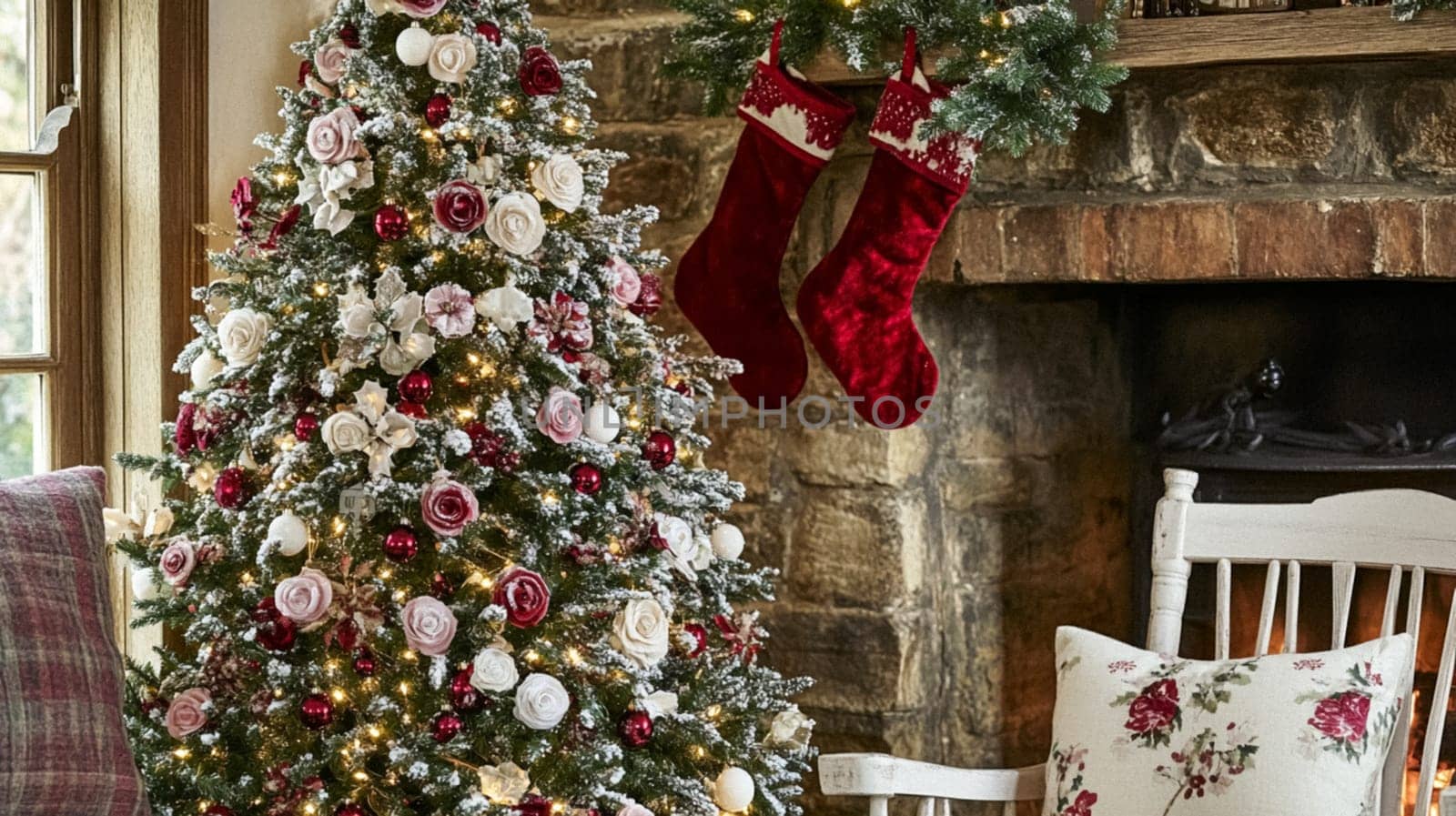 Christmas, holiday decor and country cottage style, cosy atmosphere, decorated Christmas tree in the English countryside house living room with fireplace, interior decoration idea
