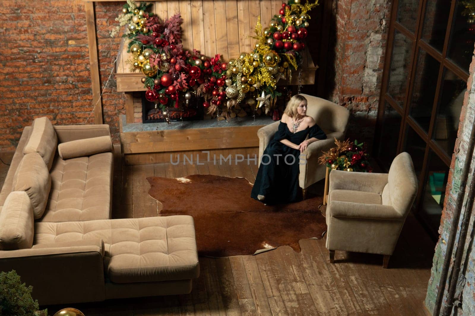 celebration woman holiday alone tree year new christmas young girl home cozy fireplace