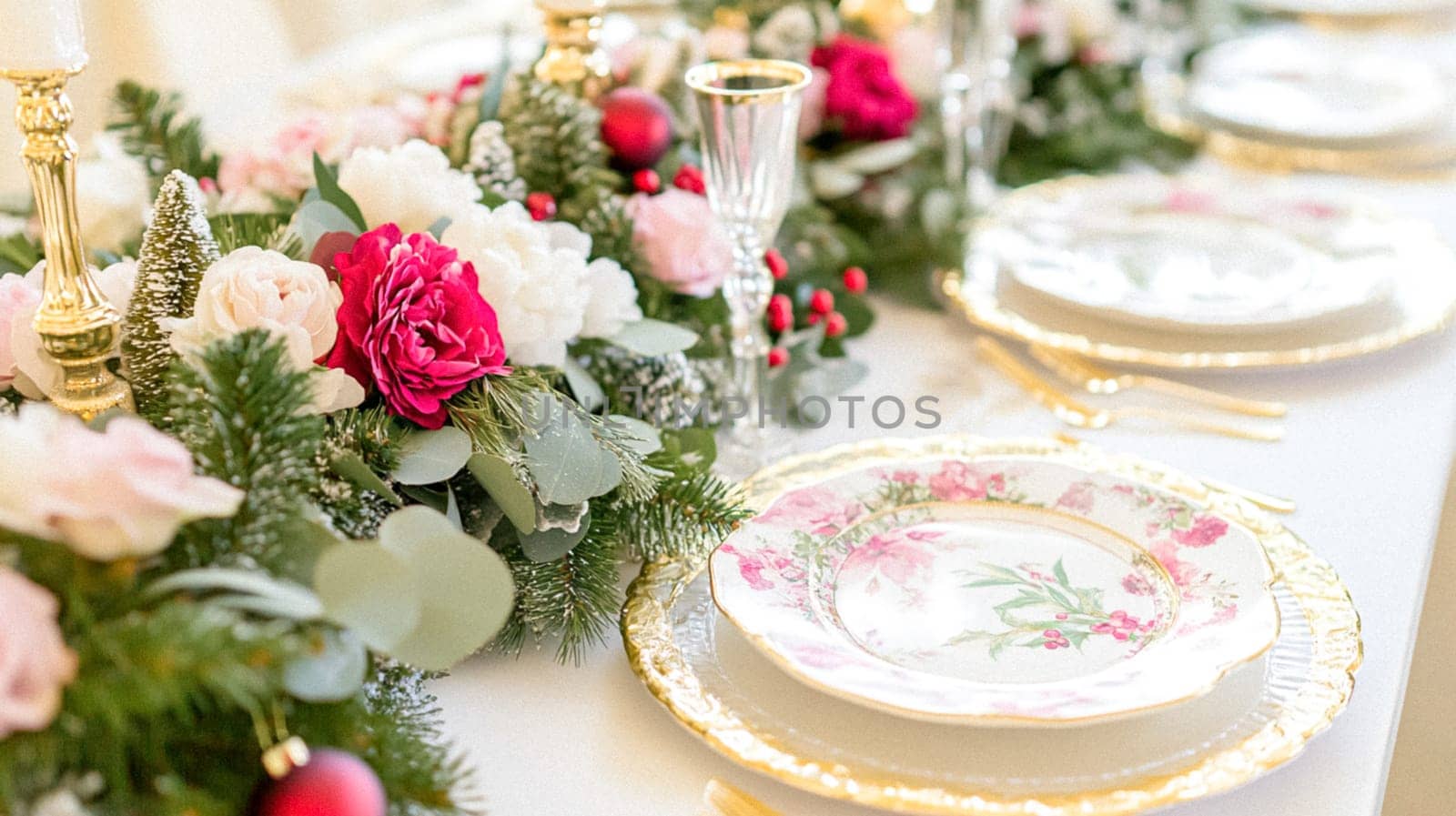 Christmas tablescape decoration, formal family dinner holiday celebration, luxury table setting decor, English country and home style idea