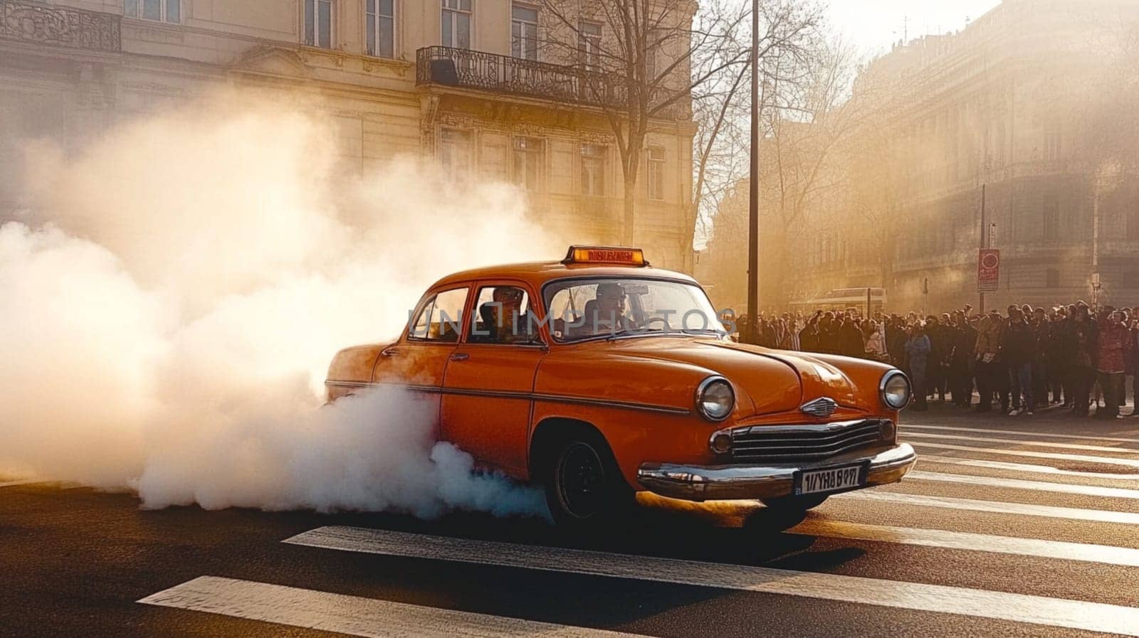 Pink muscle car revs its engine, creating smoke as a crowd cheers at an event. The vibrant sunset adds excitement to this dynamic scene of automotive passion in california's urban streets