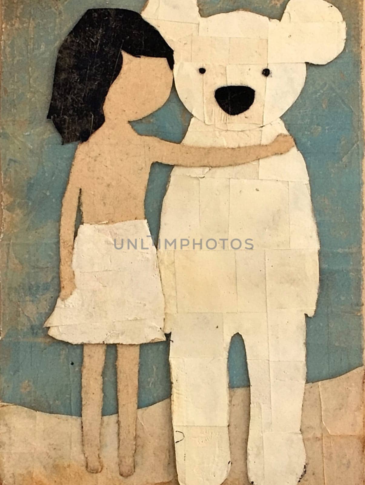 Girl lovingly hugs a giant teddy bear in a whimsical collage, evoking childhood nostalgia and innocence, perfect for greeting cards or wall art