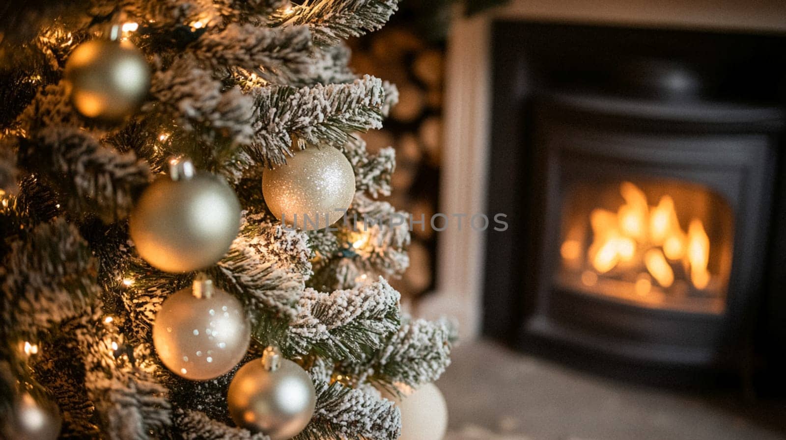 Christmas, holiday decor and country cottage style, cosy atmosphere, decorated Christmas tree in the English countryside house living room with fireplace, interior decoration idea