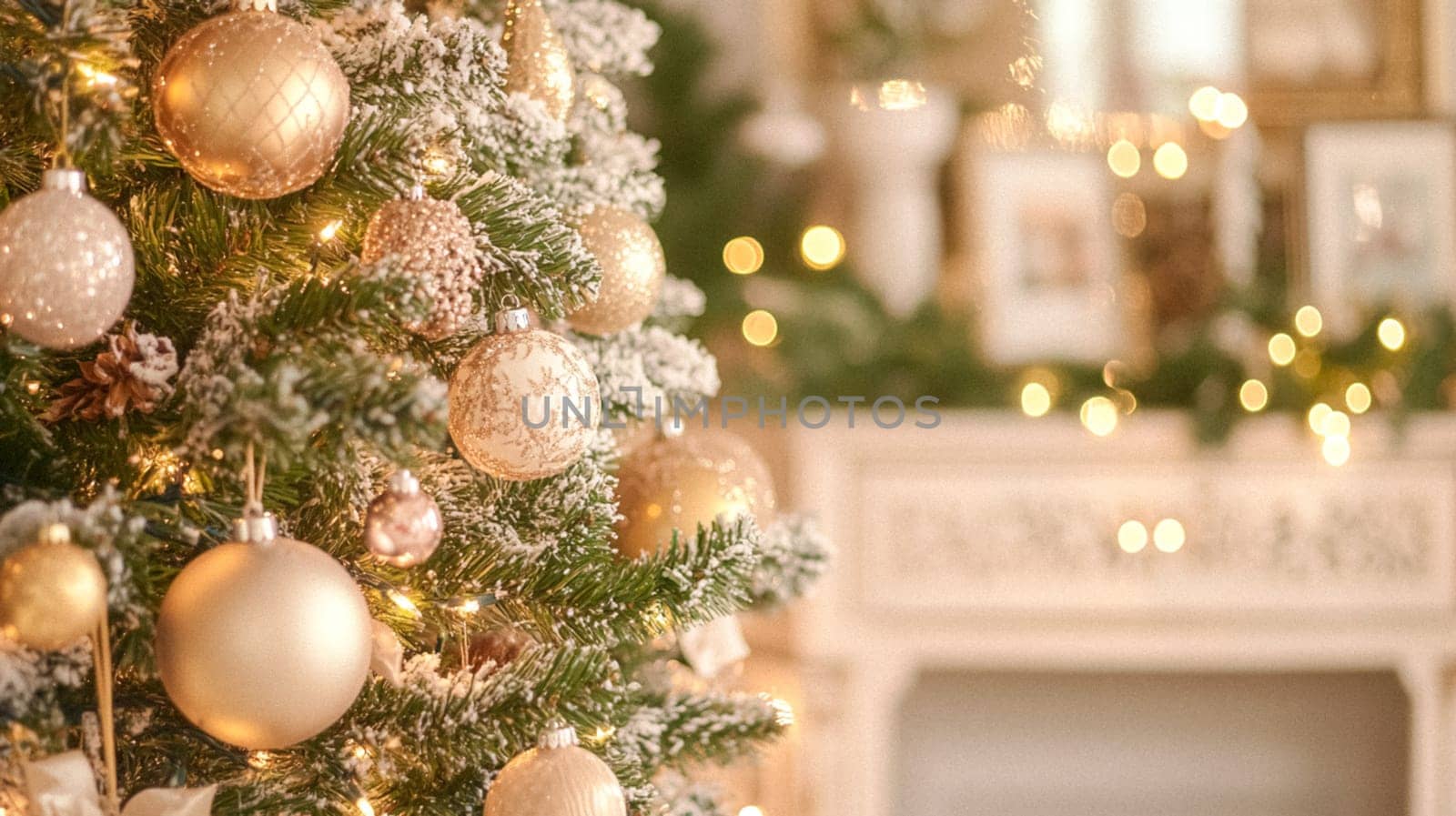 Christmas, holiday decor and country cottage style, cosy atmosphere, decorated Christmas tree in the English countryside house living room with fireplace, interior decoration idea