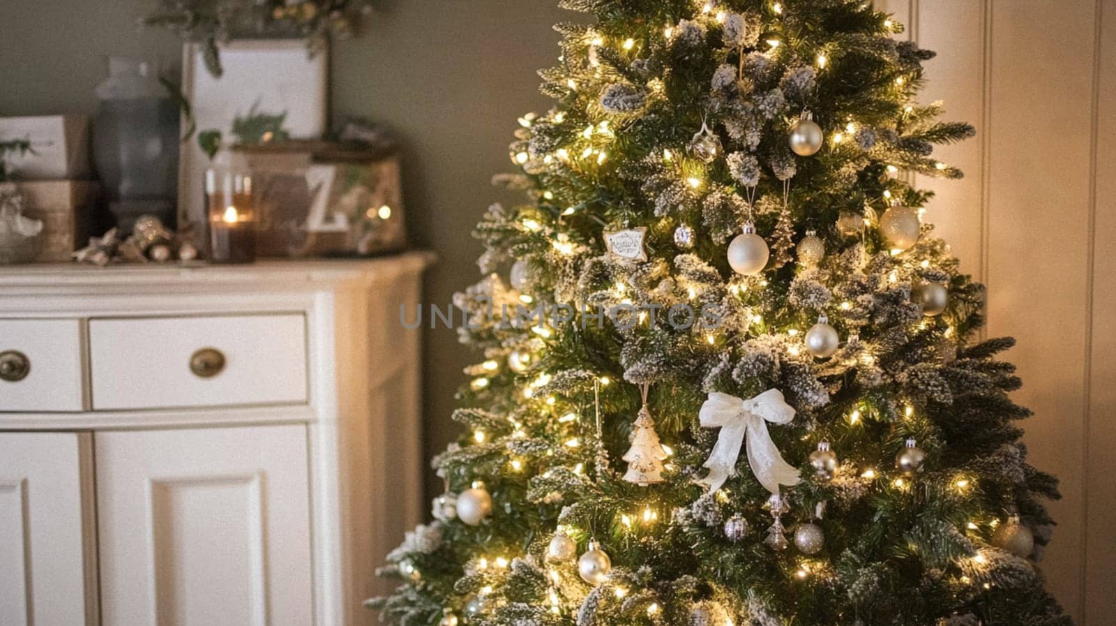 Christmas, holiday decor and country cottage style, cosy atmosphere, decorated Christmas tree in the English countryside house living room with fireplace, interior decoration idea