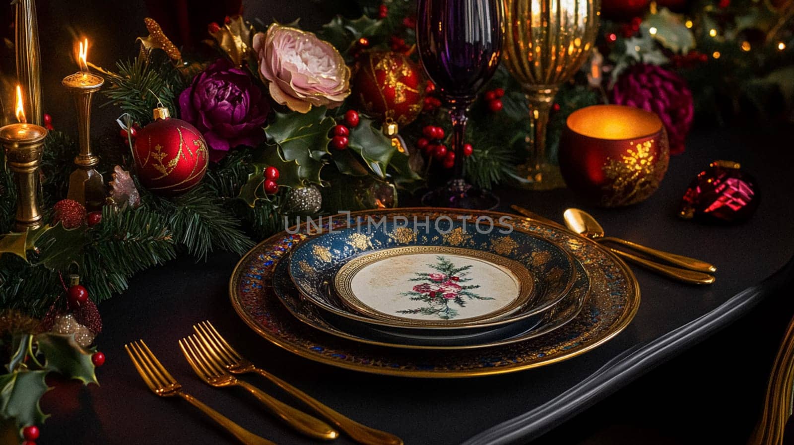 Christmas tablescape decoration, formal family dinner holiday celebration, luxury table setting decor, English country and home style idea