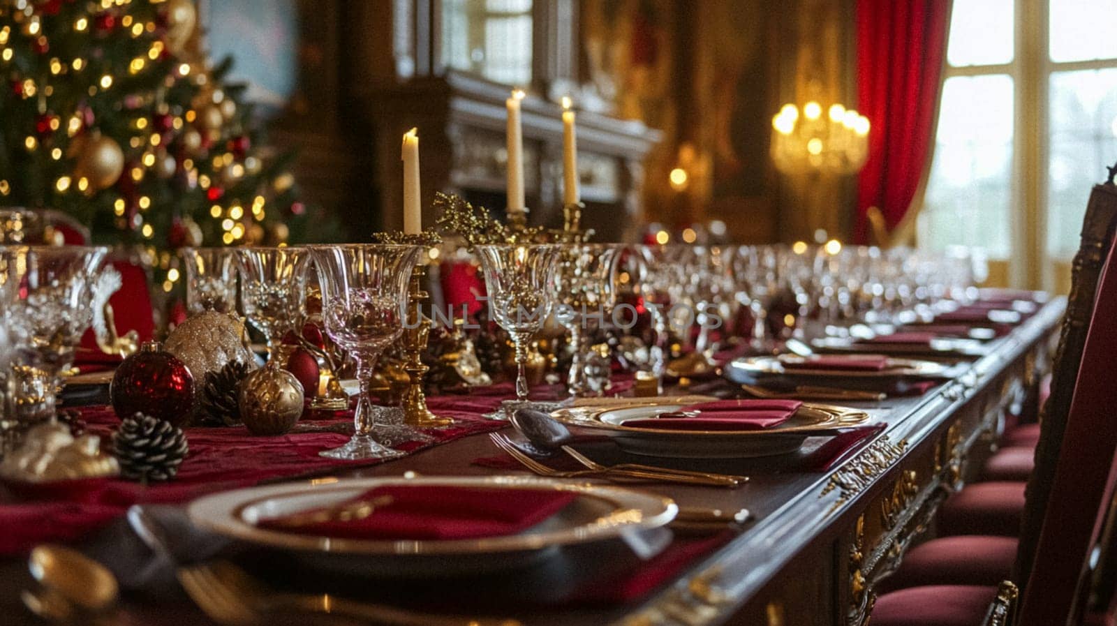 Christmas tablescape decoration, formal family dinner holiday celebration, luxury table setting decor, English country and home style idea