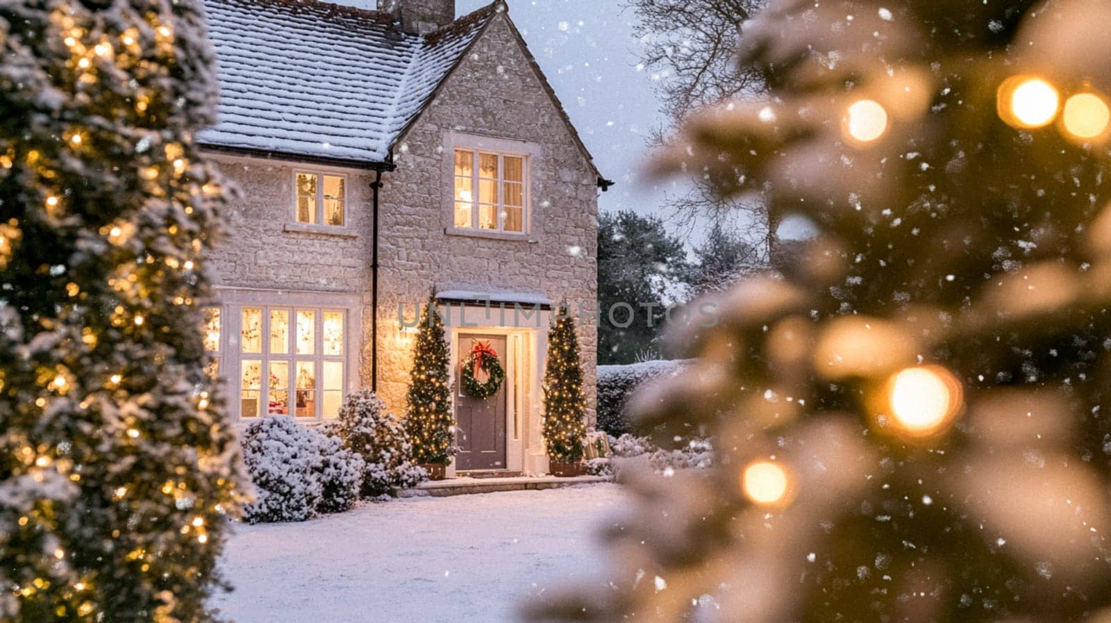Christmas, holiday decor and country cottage style, cosy atmosphere, decorated Christmas tree in the English countryside house living room with fireplace, interior decoration idea