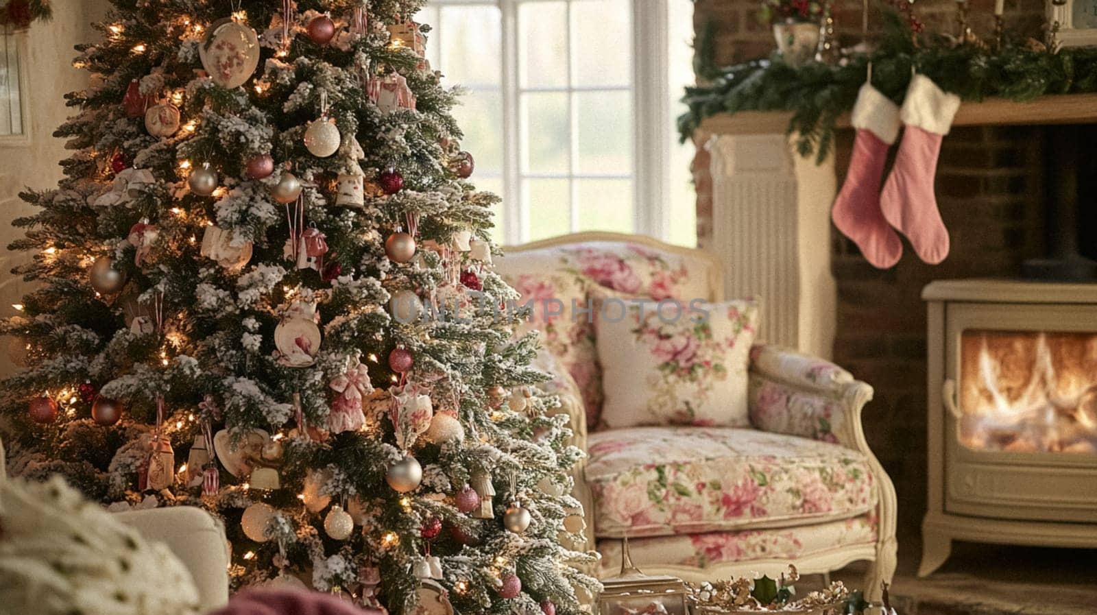 Christmas, holiday decor and country cottage style, cosy atmosphere, decorated Christmas tree in the English countryside house living room with fireplace, interior decoration idea