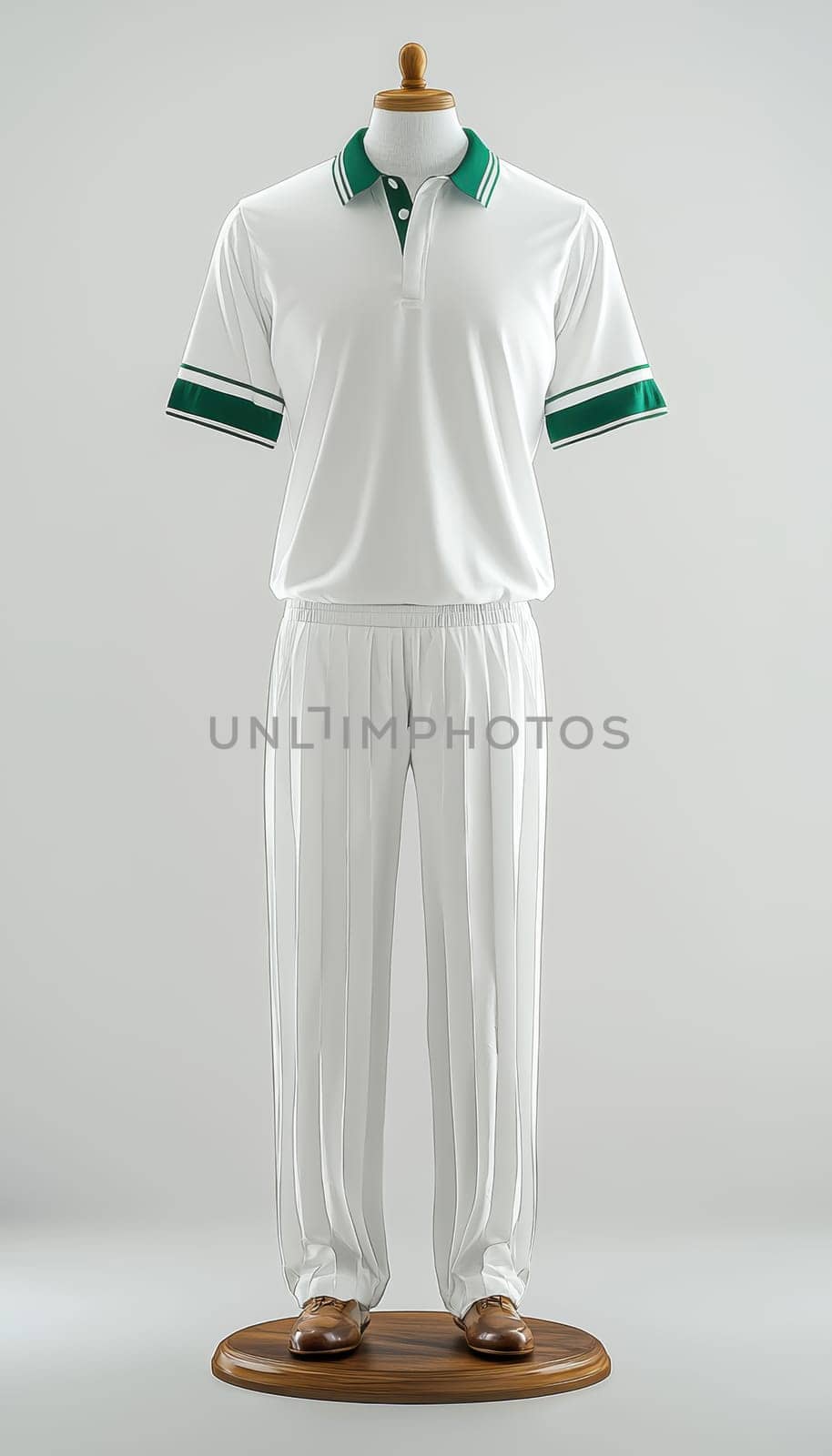 A detailed photorealistic mockup of a cricket jersey showcased on a mannequin, the fine design and quality. set against a sleek, clean white background with soft studio lighting, it emphasizes the product's texture and style.