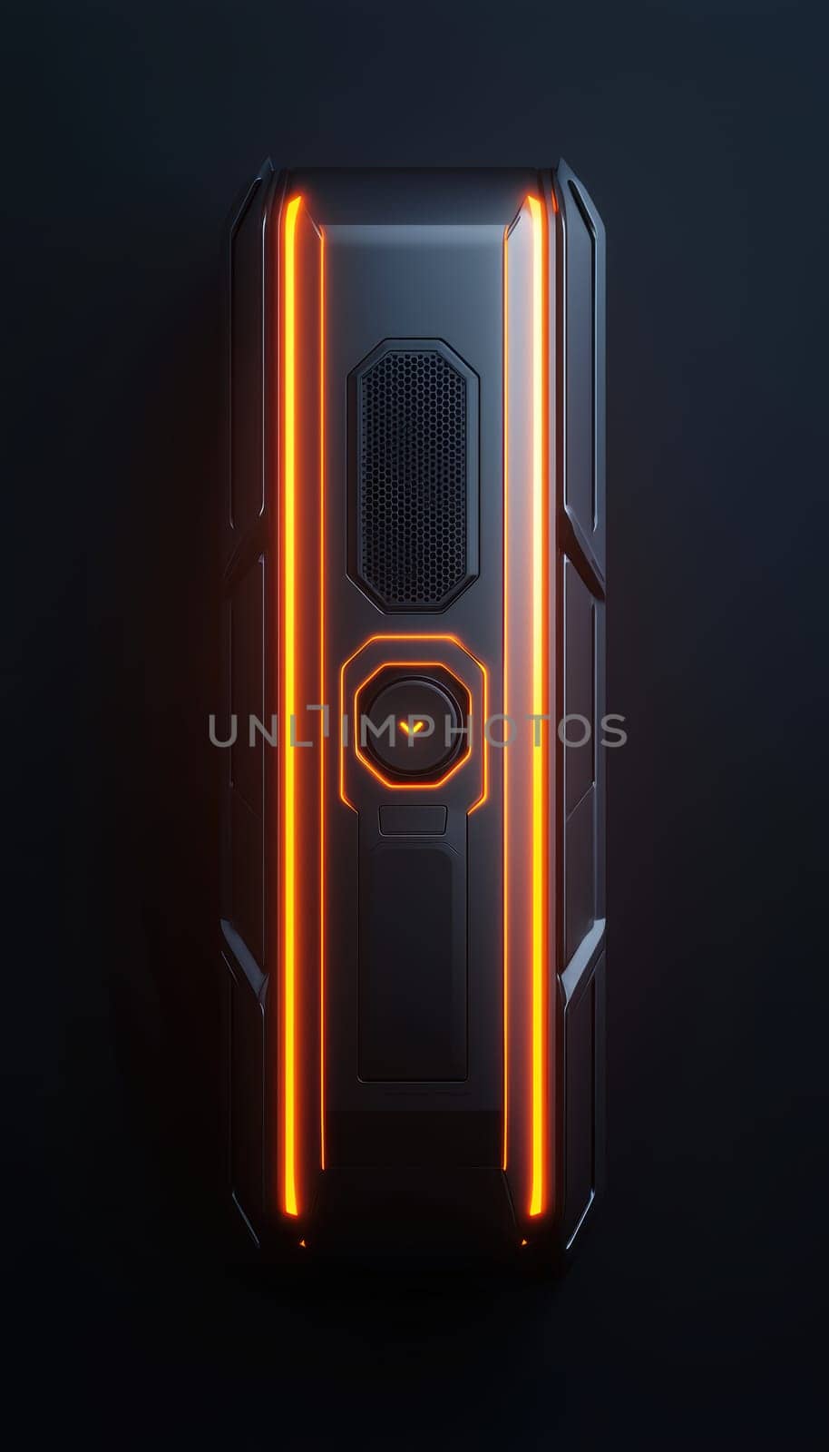 A sleek rectangular sticker with a tech-inspired design enhances a modern black speaker. dynamic lighting accentuates the speaker's futuristic look, set against a stylish interior, combining technology and aesthetics seamlessly.