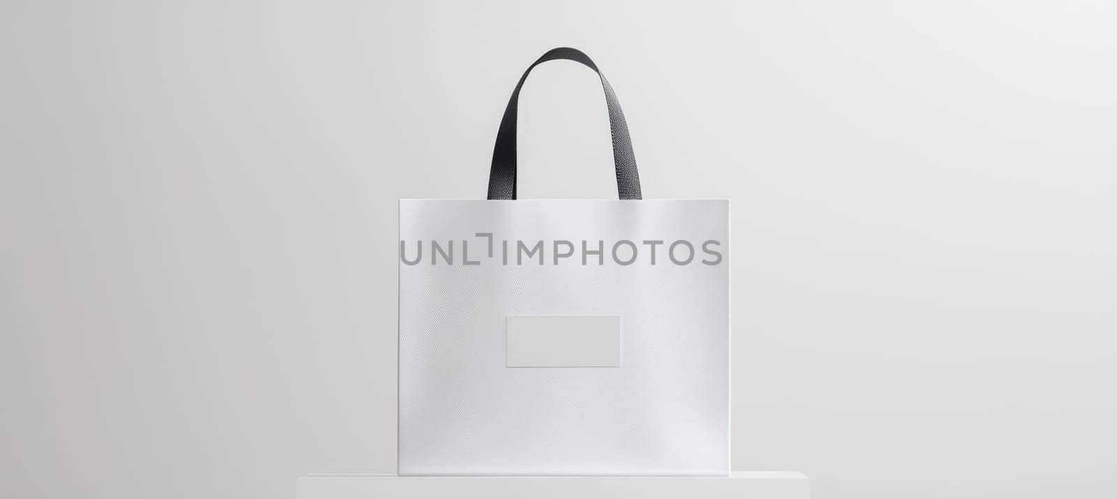 A modern white shopping bag featuring a sleek minimalist logo sticker is placed against a clean studio backdrop. the scene is complemented by a potted plant, creating a harmonious balance of nature and contemporary design.