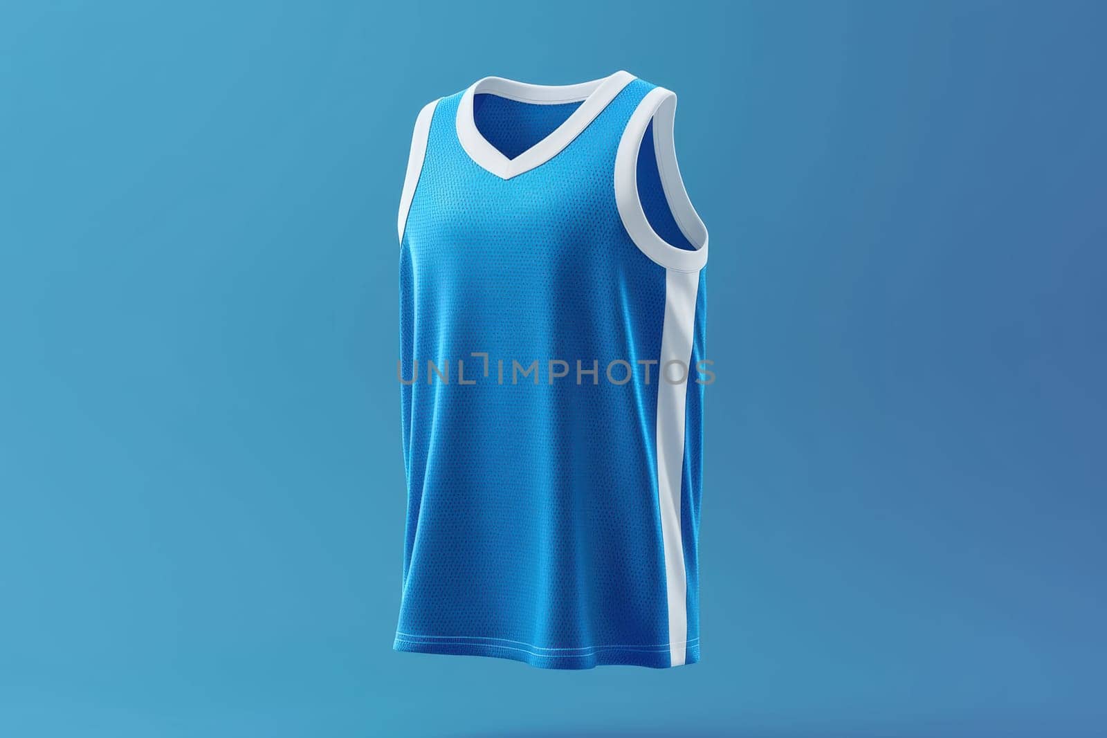 Professional 3d mockup of a sleeveless basketball jersey floating against a gradient blue background. features include soft shadows and vibrant fabric design, ideal for showcasing custom sportswear patterns or branding concepts.