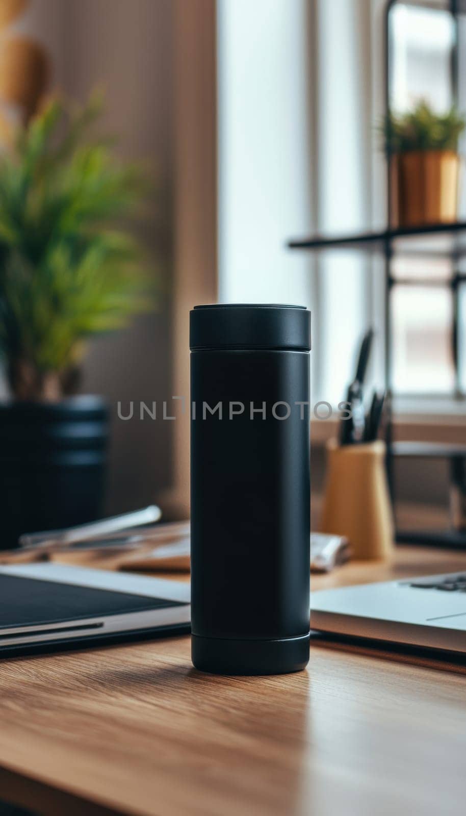 A sleek black travel thermos adorned with a bold typographic sticker sits on a minimalist workspace table. the setting includes a blurred background with soft natural light filtering through large windows, creating a serene atmosphere.
