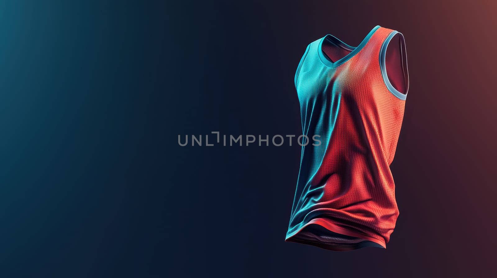 A 3d representation of a basketball jersey floating mid-air, showcasing realistic fabric folds and dynamic shadows. set against a sleek black and blue gradient backdrop, the design highlights modern sportswear aesthetics in a digital context.