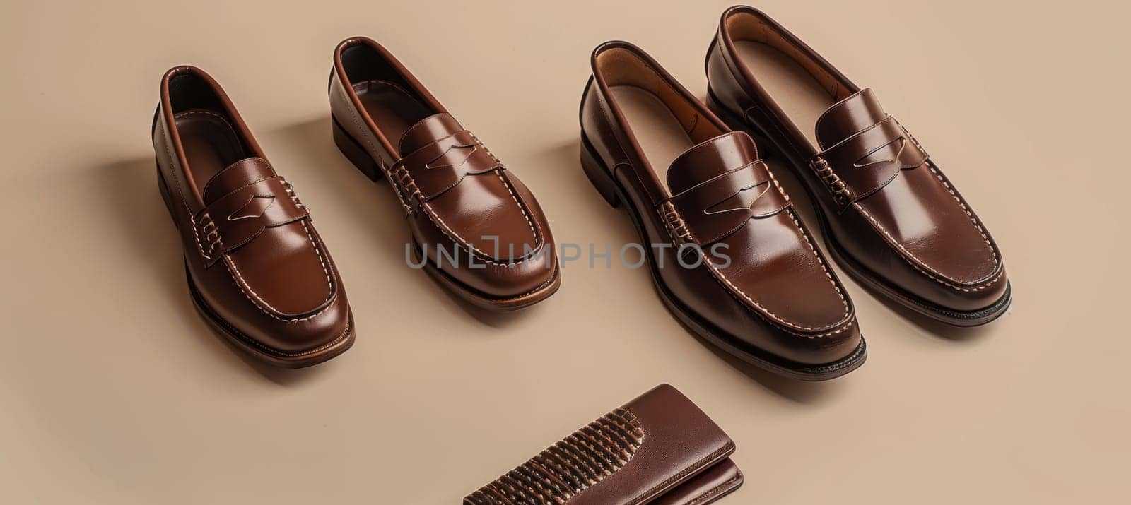 Elegant loafers in rich brown leather paired with coordinating belts and wallets on a neutral backdrop, evoking sophistication and style. perfect for high-end fashion promotions, the arrangement highlights timeless luxury and craftsmanship.