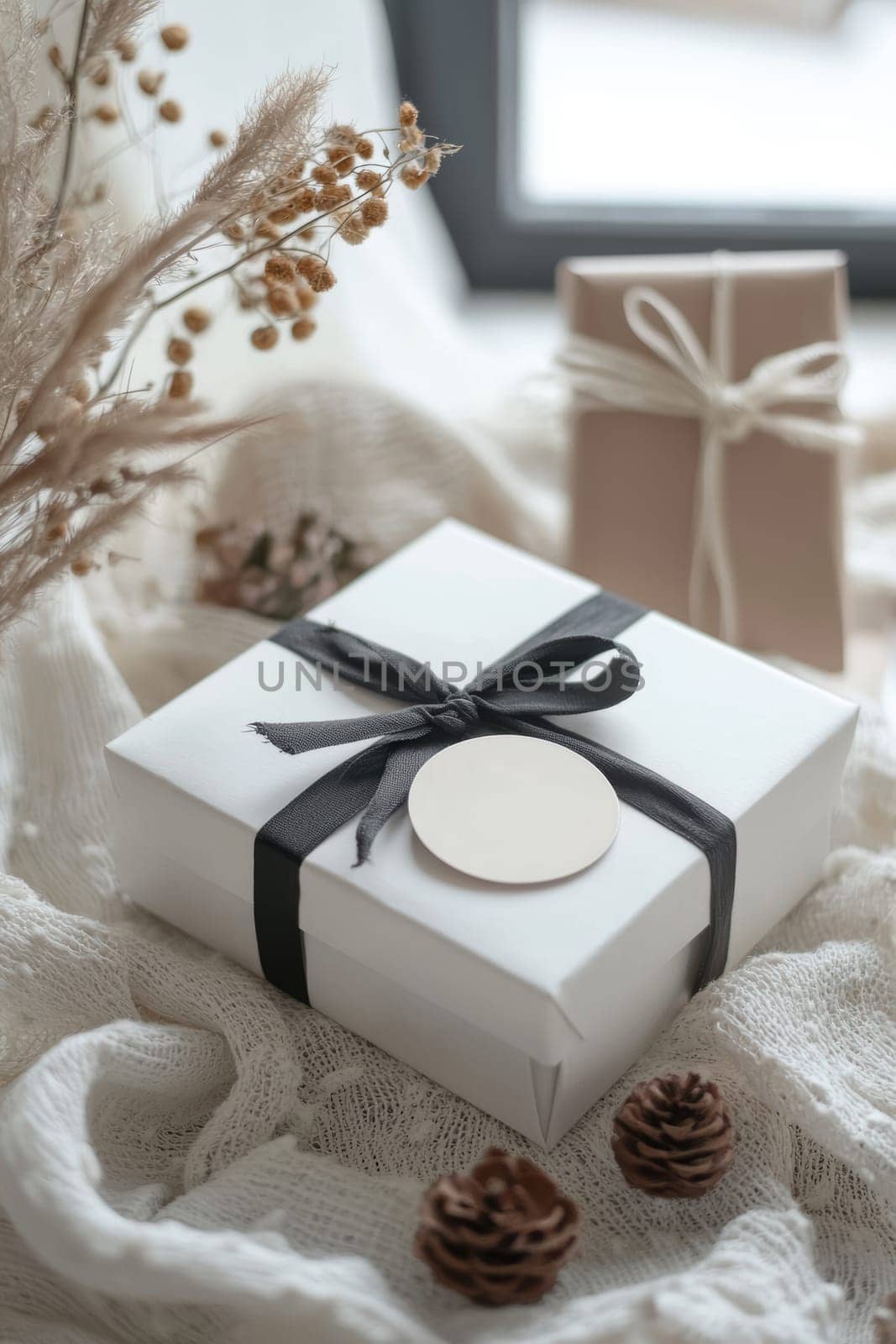 Pastel-colored circular sticker with elegant cursive typography on a white gift box. surrounded by delicate wrapping props and pale pink ribbon, creating a luxurious and sophisticated gift presentation perfect for special occasions.